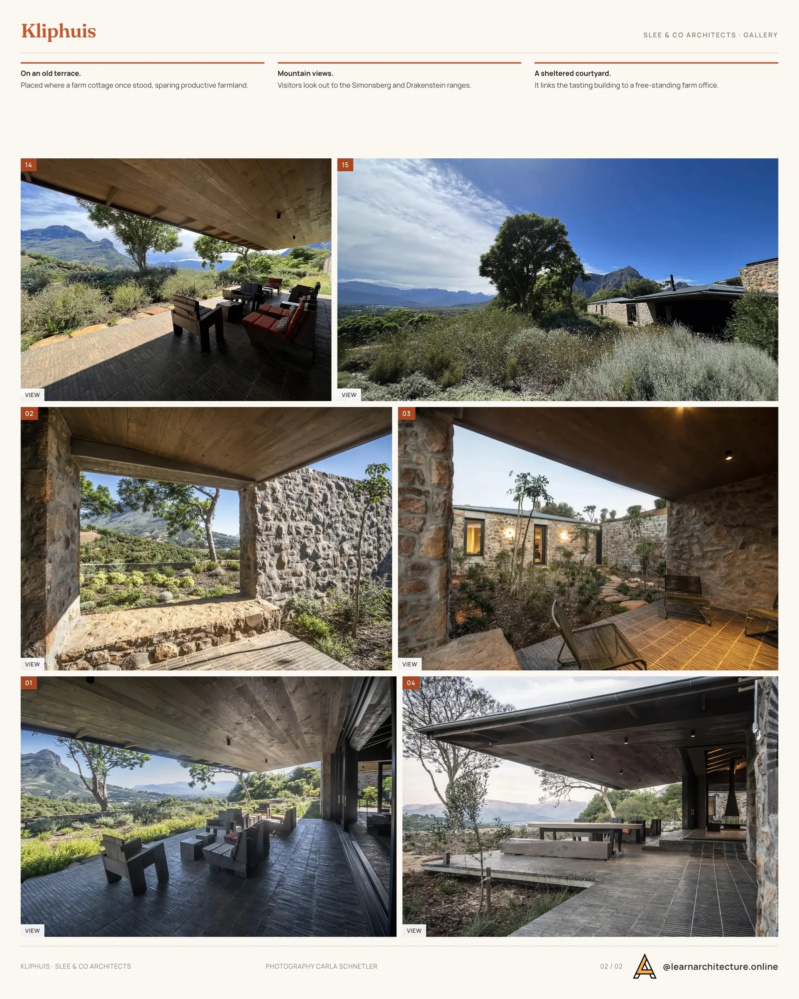 Second presentation board sheet for Kliphuis for Capensis Wines by Slee & Co Architects, laying out the project drawings and images on one page