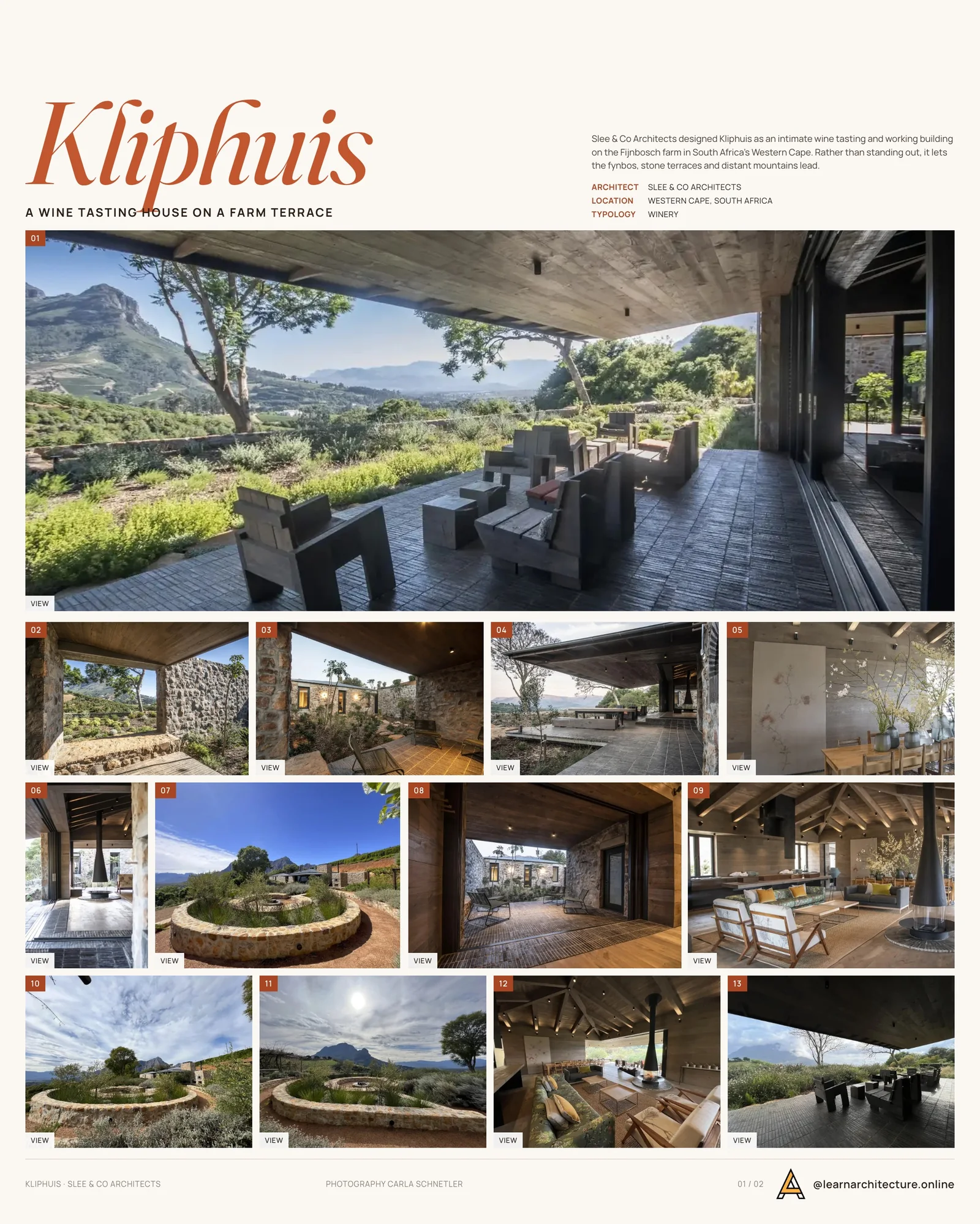 Presentation board cover for Kliphuis for Capensis Wines by Slee & Co Architects, with the lead image, project summary and a grid of photographs and drawings