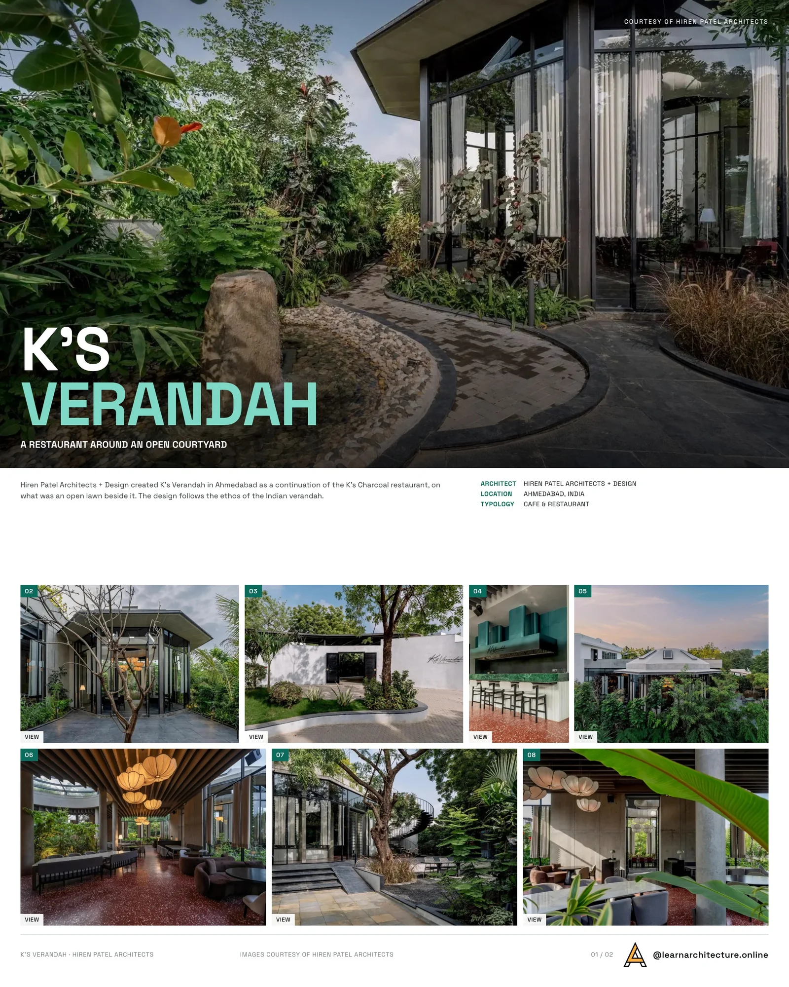 Presentation board cover for K's Verandah by Hiren Patel Architects + Design, with the lead image, project summary and a grid of photographs and drawings