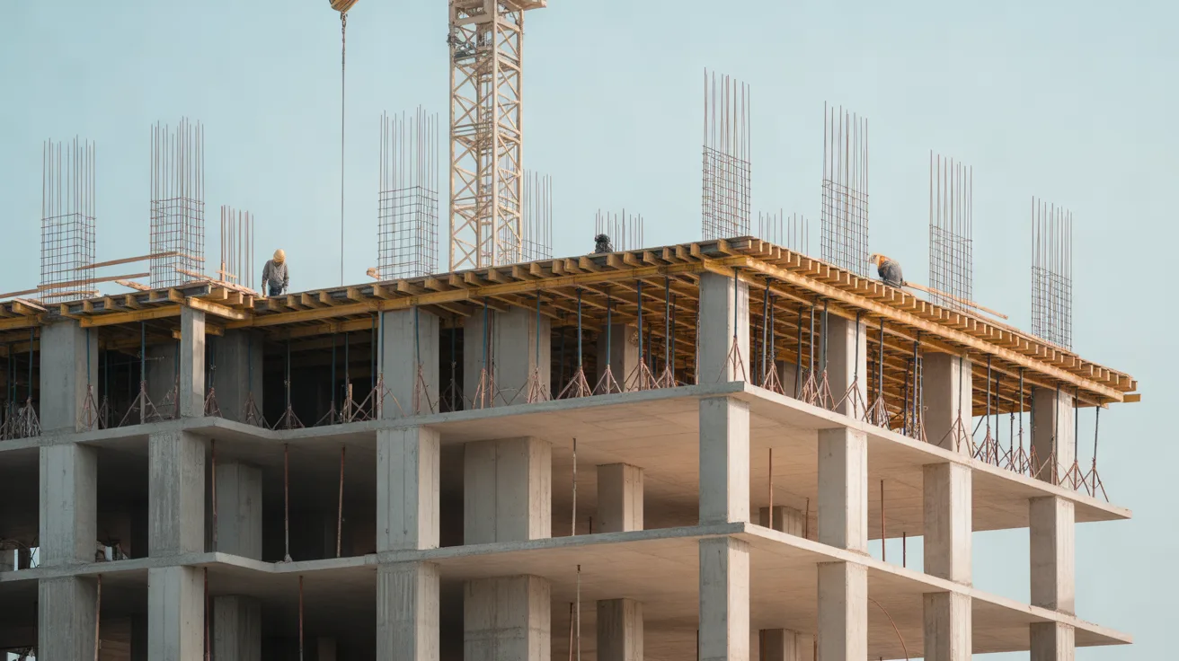 Reinforced concrete frame building under construction with formwork, props and a tower crane