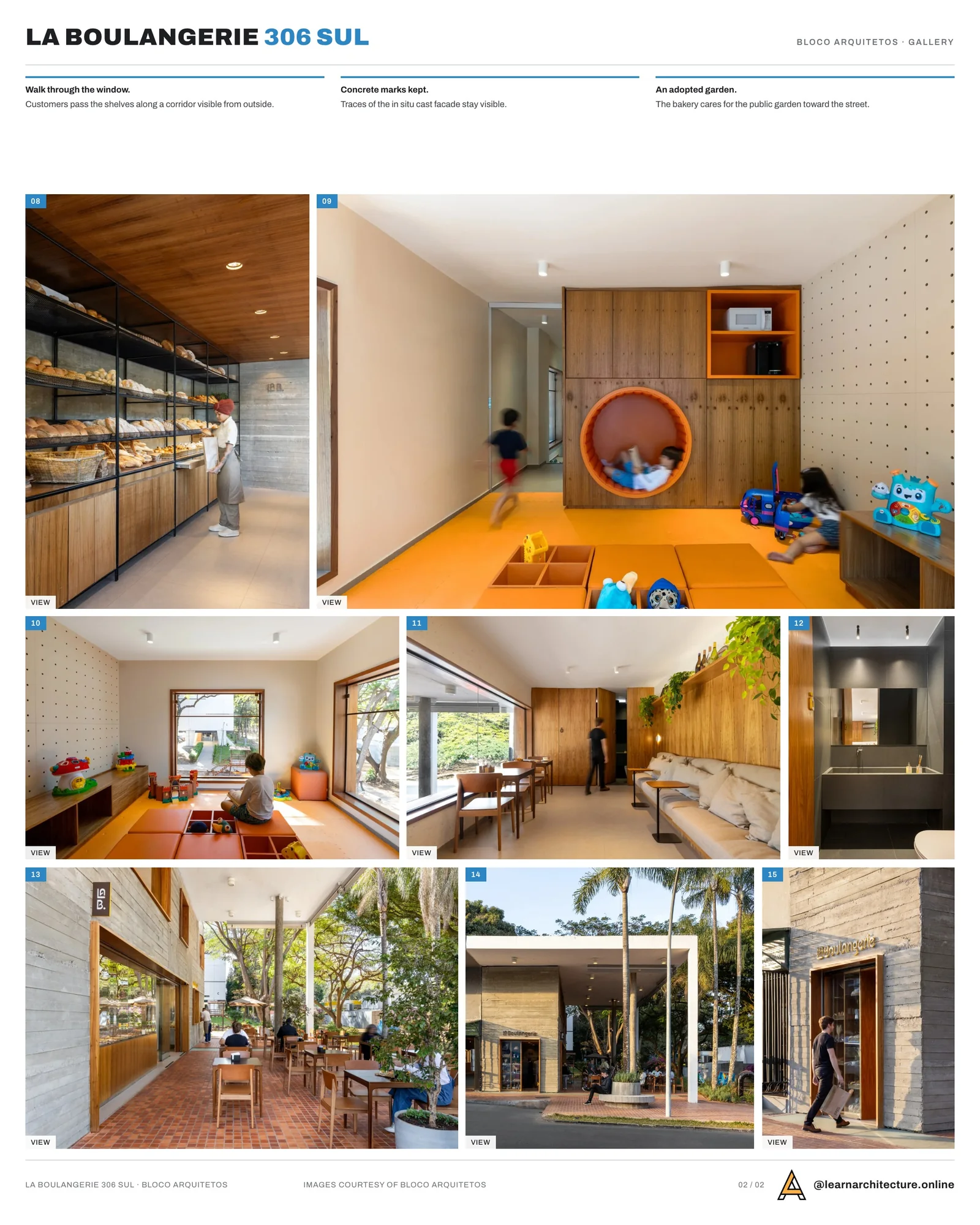 Second presentation board sheet for La Boulangerie 306 Sul by BLOCO Arquitetos, laying out the project drawings and images on one page
