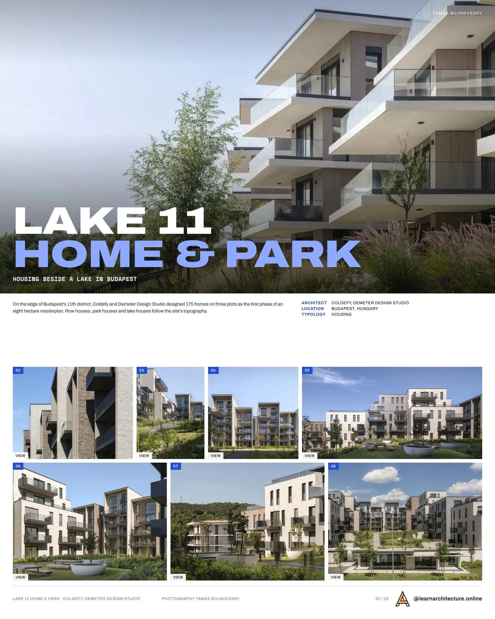 Presentation board cover for Lake 11 Home & Park by Coldefy & DD, with the lead image, project summary and a grid of photographs and drawings