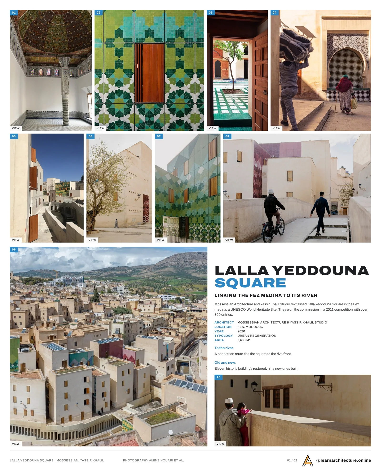 Presentation board cover for Lalla Yeddouna Square Revitalization by Mossessian Architecture & Yassir Khalil Studio, with the lead image, project summary and a grid of photographs and drawings