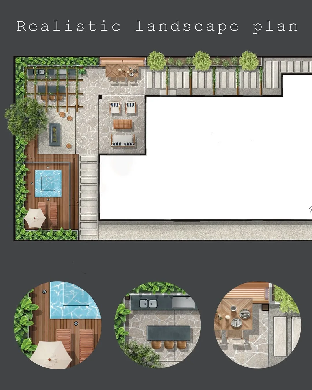Realistic rooftop landscape plan with a pool deck, lounge and outdoor kitchen, plus close up insets of each zone