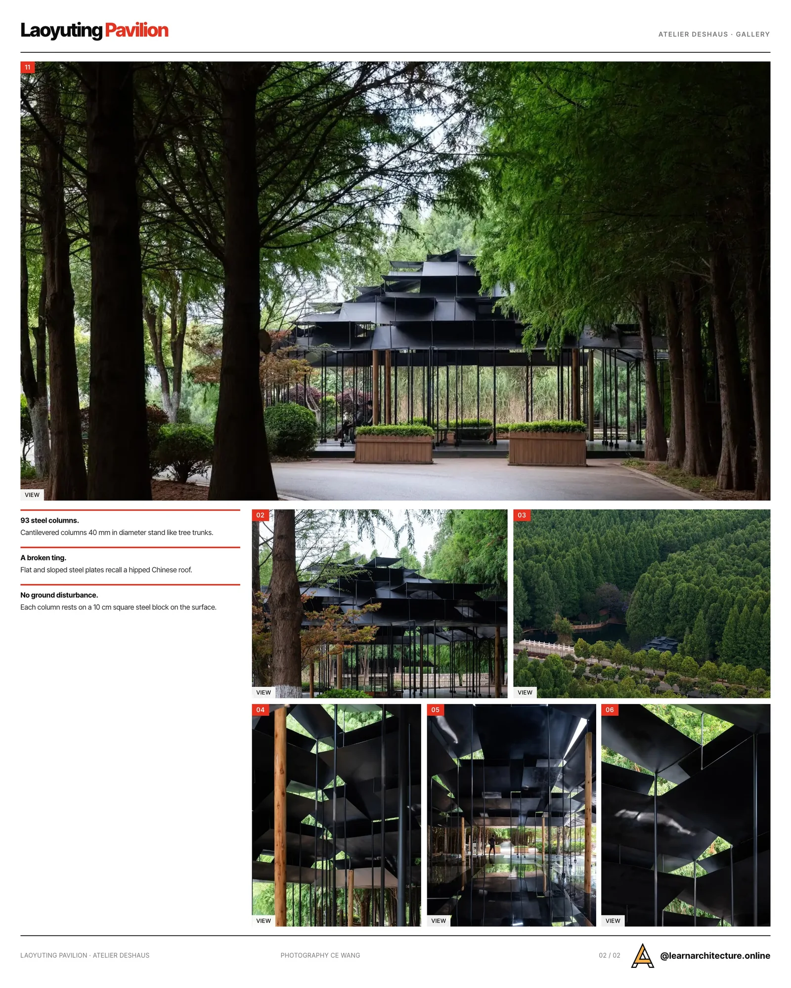 Second presentation board sheet for Laoyuting Pavilion by Atelier Deshaus, laying out the project drawings and images on one page