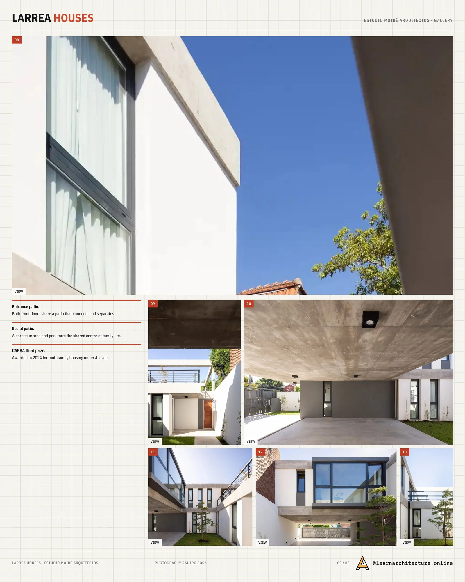 Second presentation board sheet for Larrea Houses by Estudio Moirë arquitectos, laying out the project drawings and images on one page
