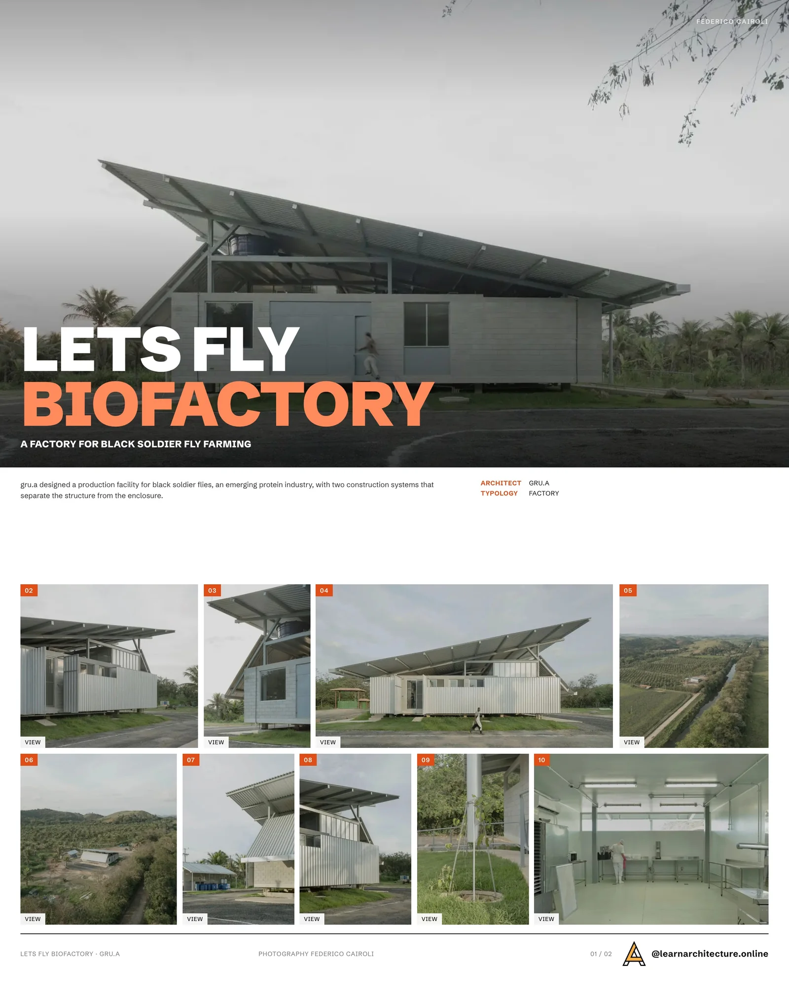 Presentation board cover for Lets Fly Biofactory by gru.a, with the lead image, project summary and a grid of photographs and drawings