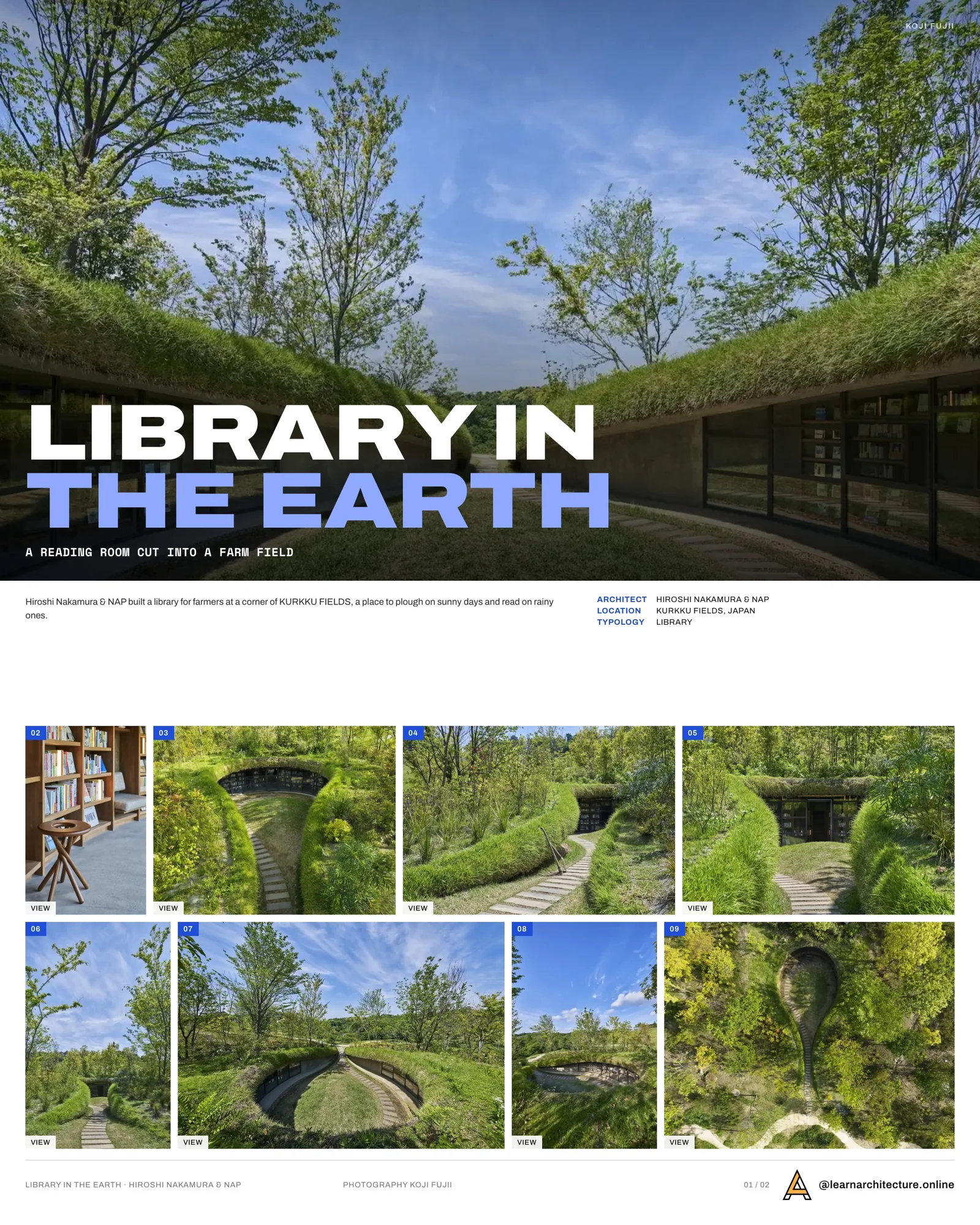 Presentation board cover for Library in the Earth by Hiroshi Nakamura & NAP, with the lead image, project summary and a grid of photographs and drawings
