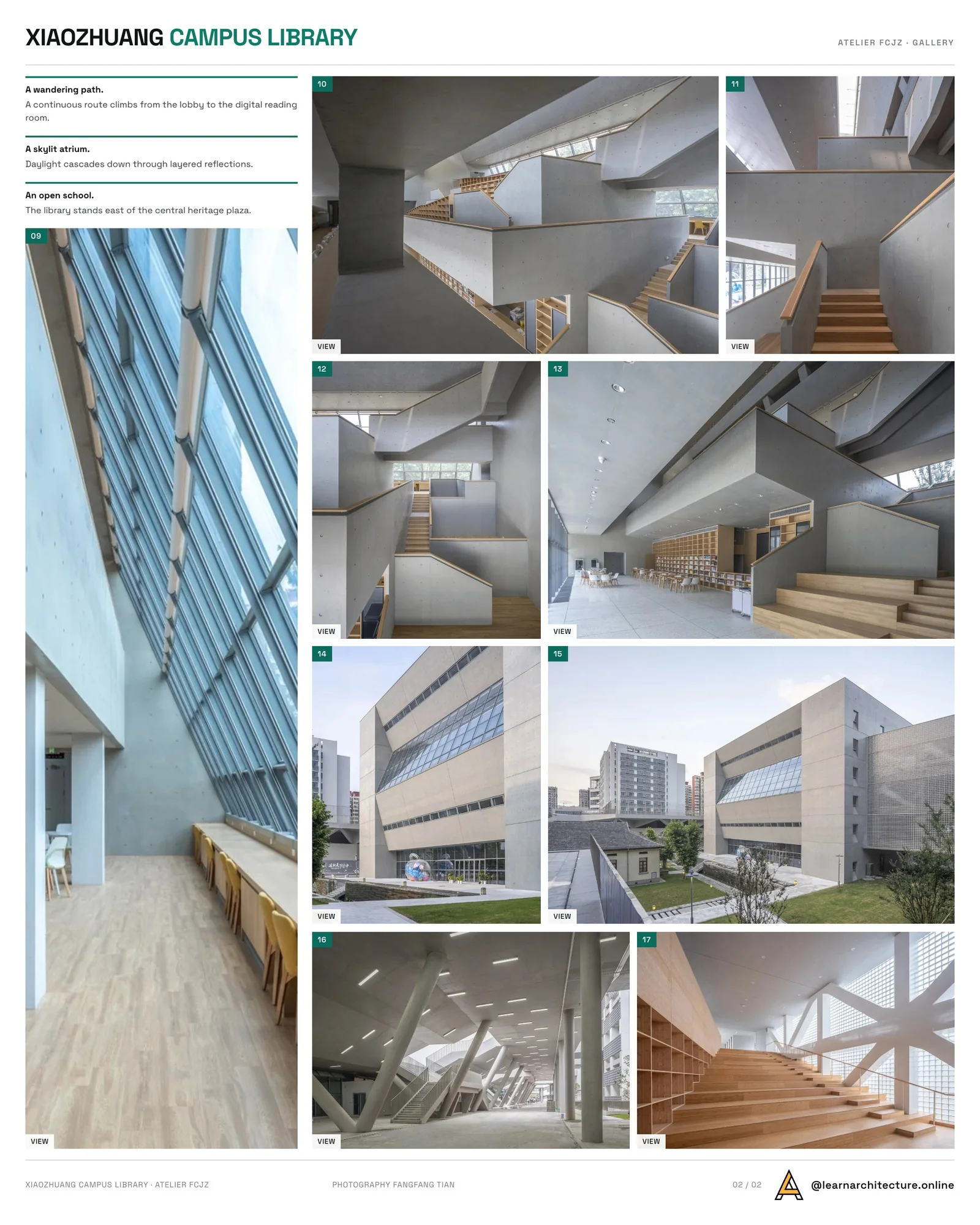 Second presentation board sheet for Library of the High School Affiliated to Nanjing Normal University, Xiaozhuang Campus by Atelier FCJZ, laying out the project drawings and images on one page
