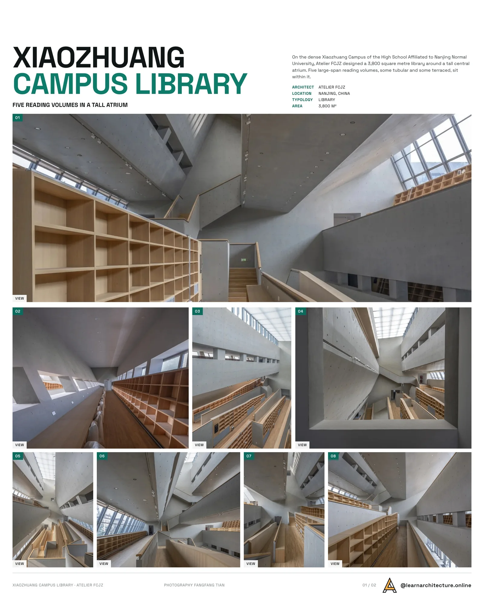Presentation board cover for Library of the High School Affiliated to Nanjing Normal University, Xiaozhuang Campus by Atelier FCJZ, with the lead image, project summary and a grid of photographs and drawings