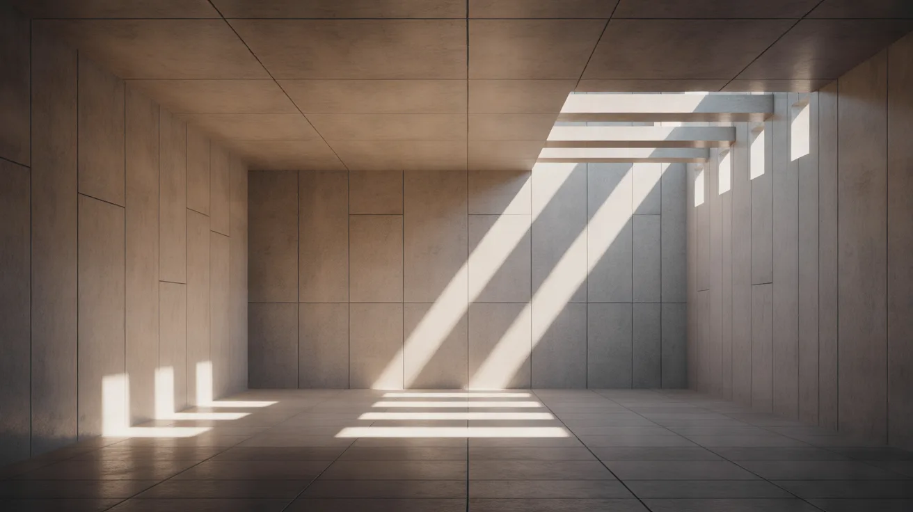 Narrow shafts of sunlight from small openings falling across the walls and floor of a dim concrete room