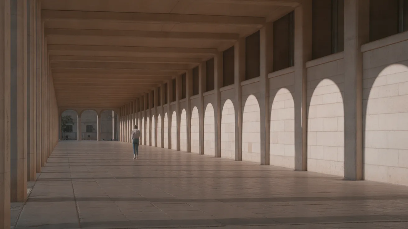 Long colonnade where low sun casts alternating bands of light and dynamic shadow across the floor as a person walks through