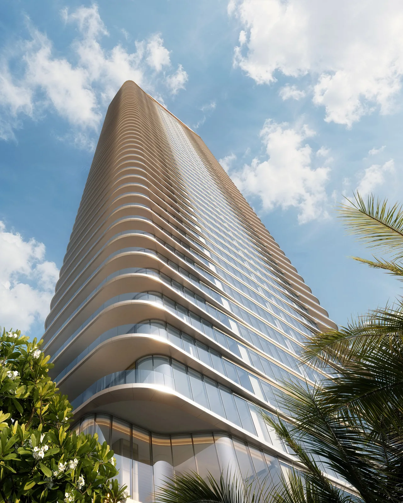 Low-angle rendering of the tower's rounded corners and stacked glass floors edged with metallic bands