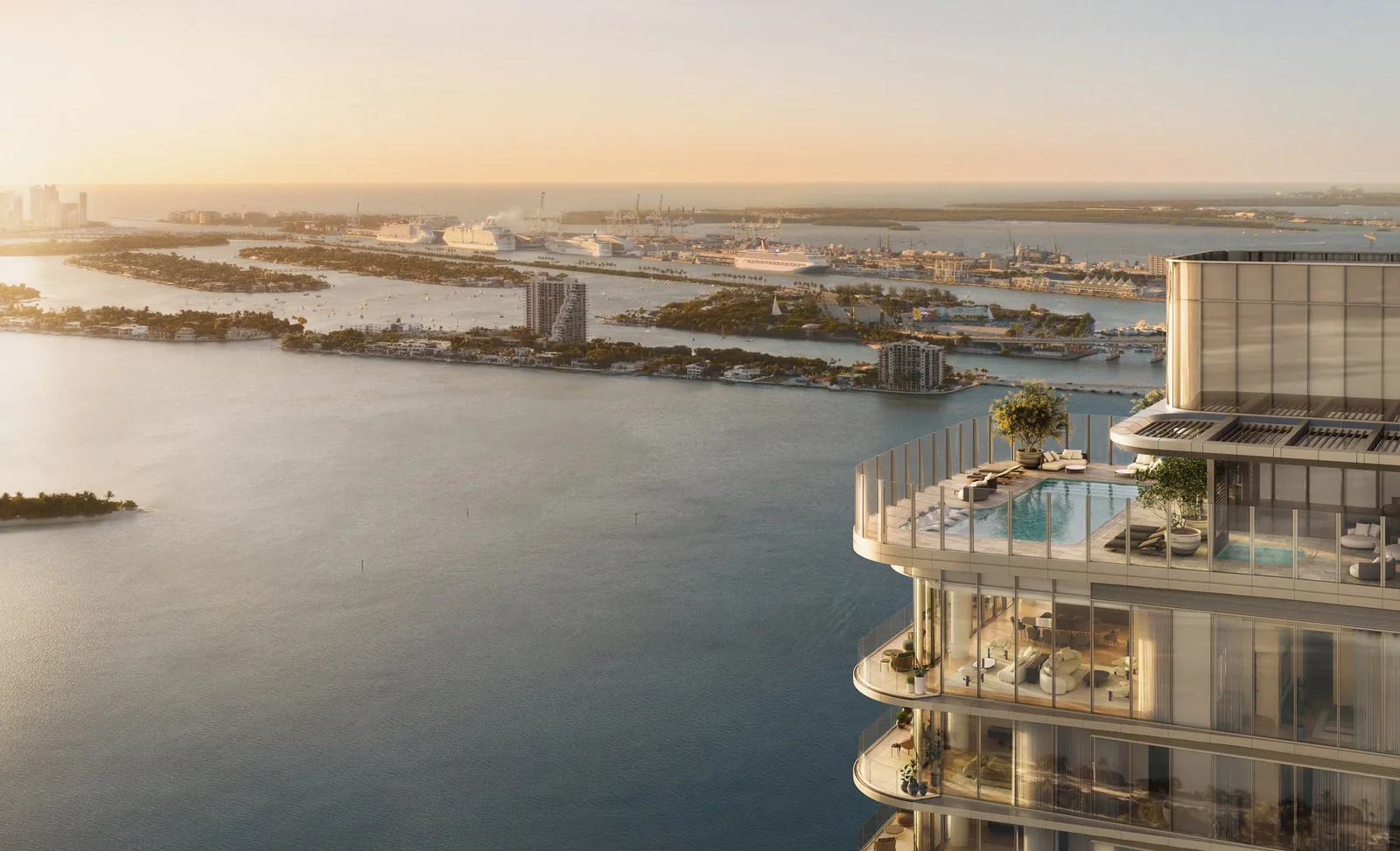 Rendering of a rooftop pool terrace at the edge of the tower overlooking Biscayne Bay and the Miami islands