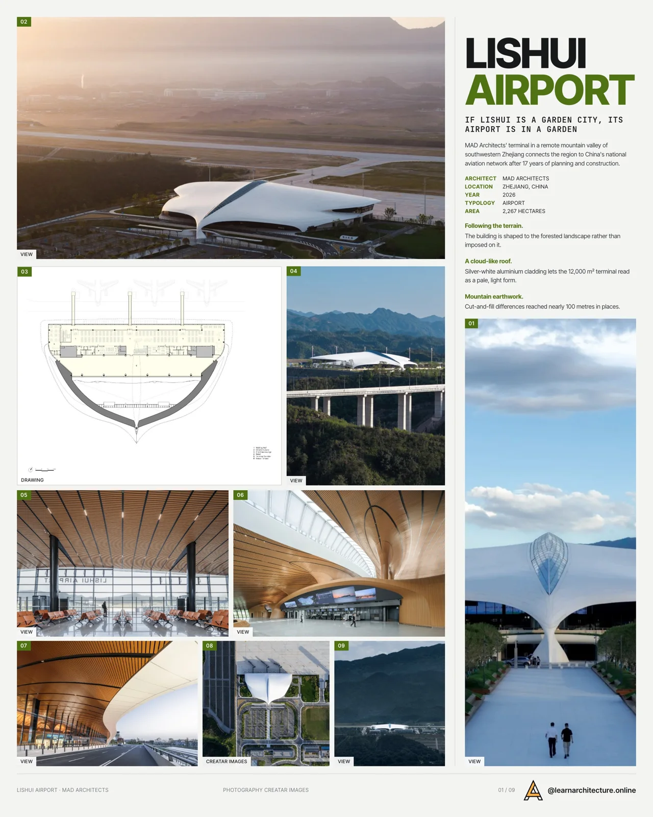 Presentation board cover for Lishui Airport showing a timber ceiling interior and aerial exterior photos, as a finished portfolio page