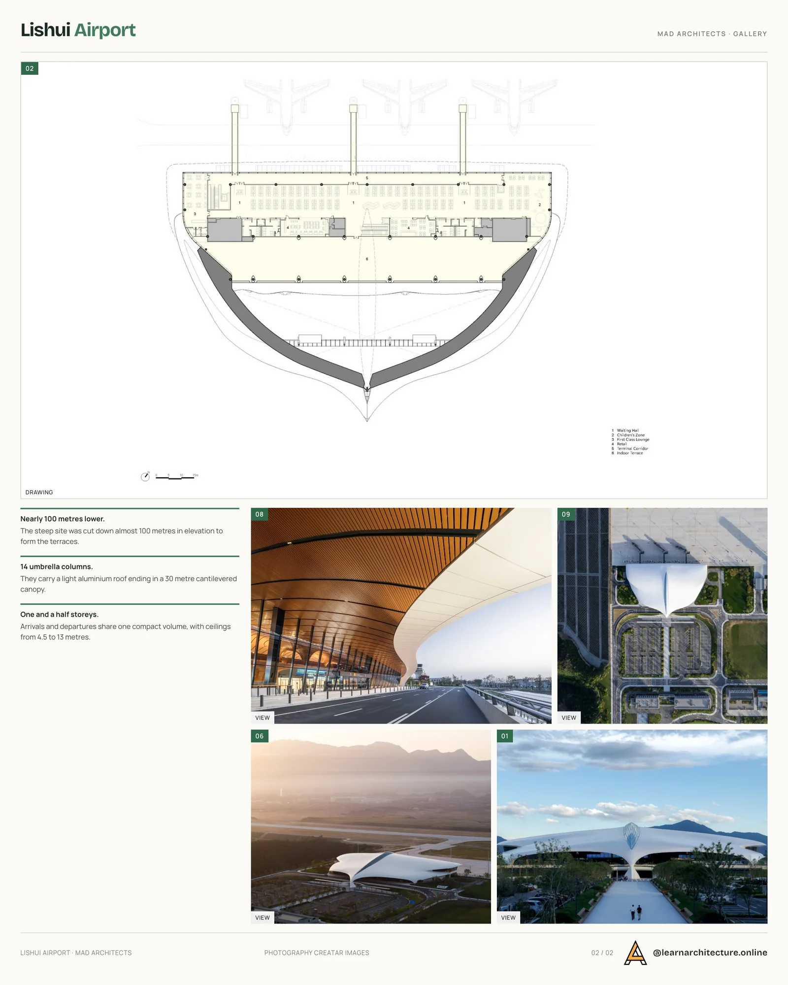 Second presentation board sheet for Lishui Airport by MAD Architects, laying out the project drawings and images on one page