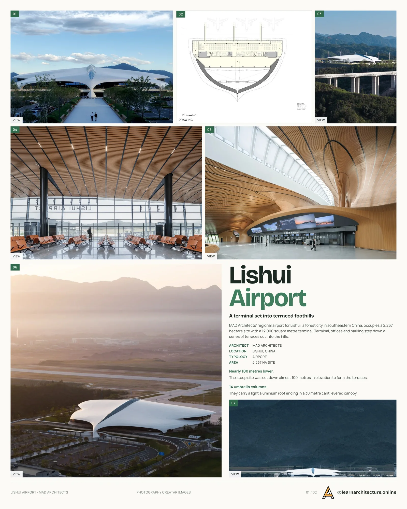 Presentation board cover for Lishui Airport by MAD Architects, with the lead image, project summary and a grid of photographs and drawings