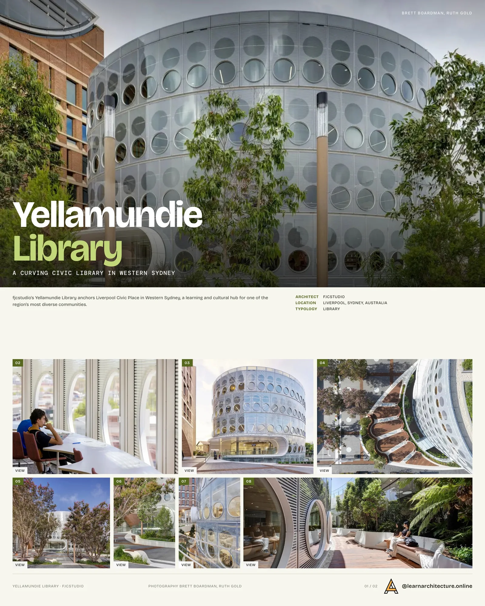 Presentation board cover for Liverpool Civic Place and Yellamundie Library by fjcstudio, with the lead image, project summary and a grid of photographs and drawings