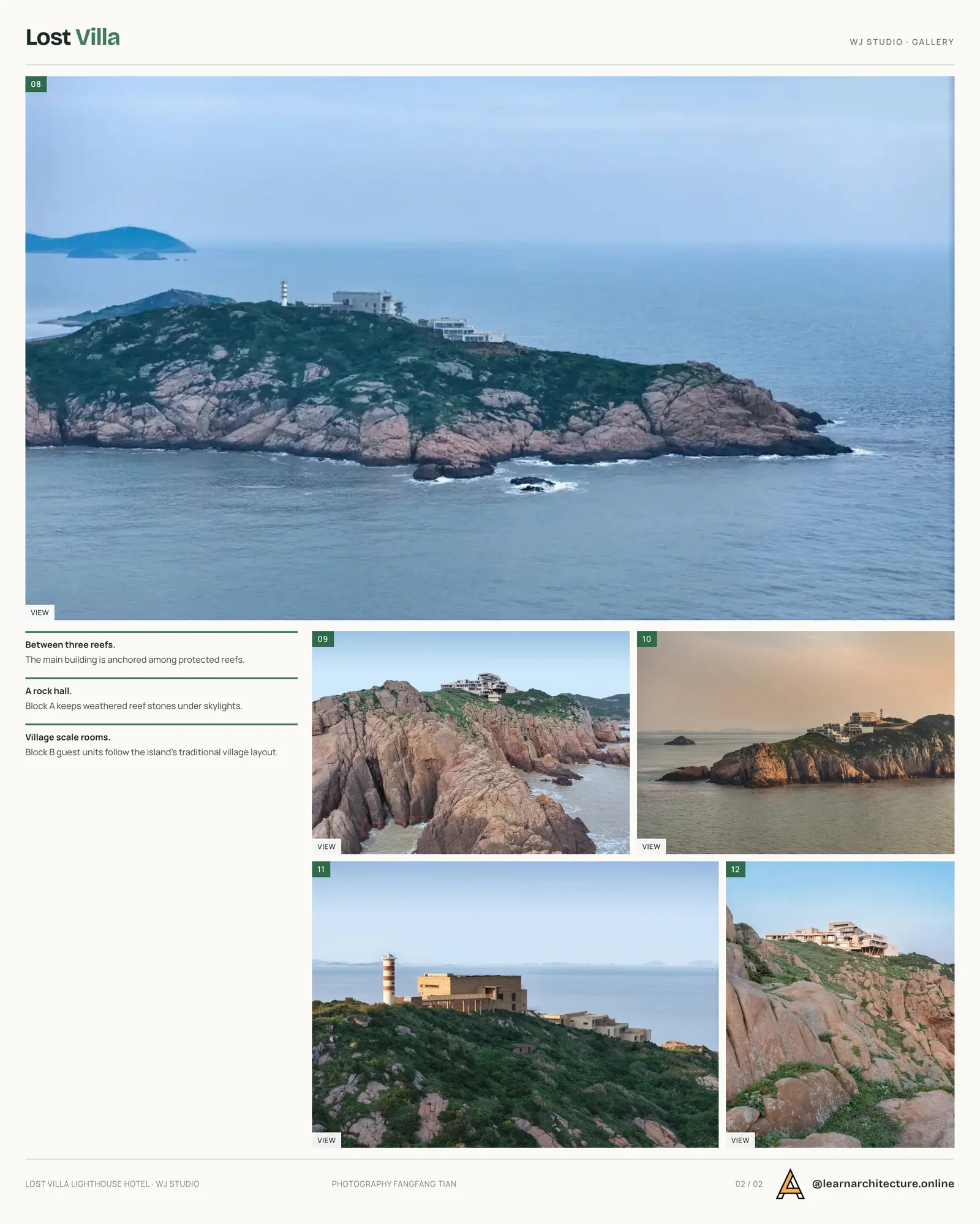Second presentation board sheet for Lost Villa · Huanglong Island Lighthouse Hotel by WJ STUDIO, laying out the project drawings and images on one page