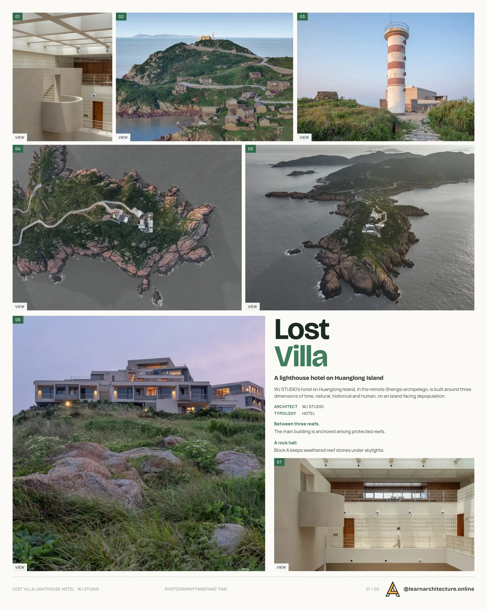 Presentation board cover for Lost Villa · Huanglong Island Lighthouse Hotel by WJ STUDIO, with the lead image, project summary and a grid of photographs and drawings