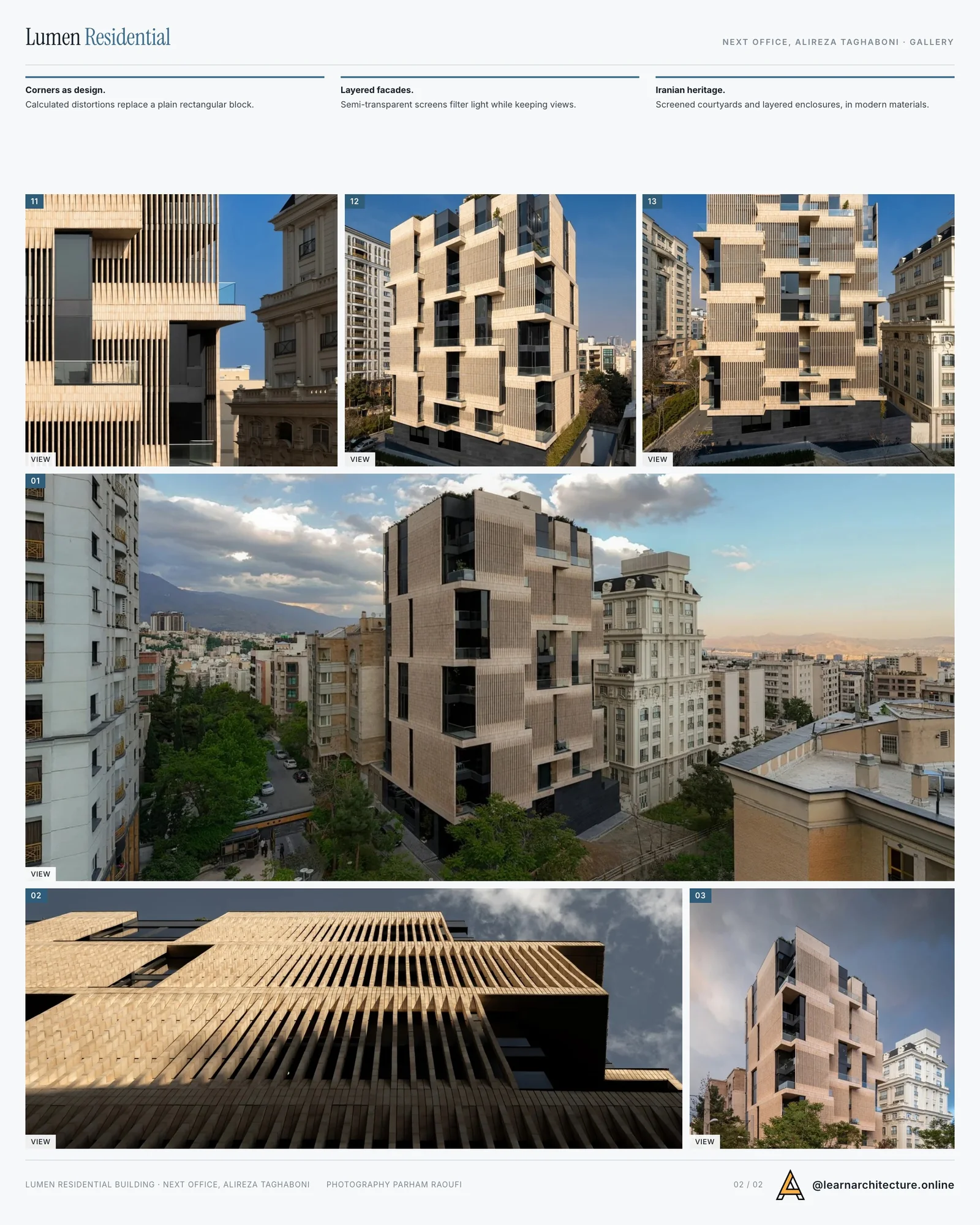 Second presentation board sheet for Lumen Residential Building by Next Office and Alireza Taghaboni, laying out the project drawings and images on one page