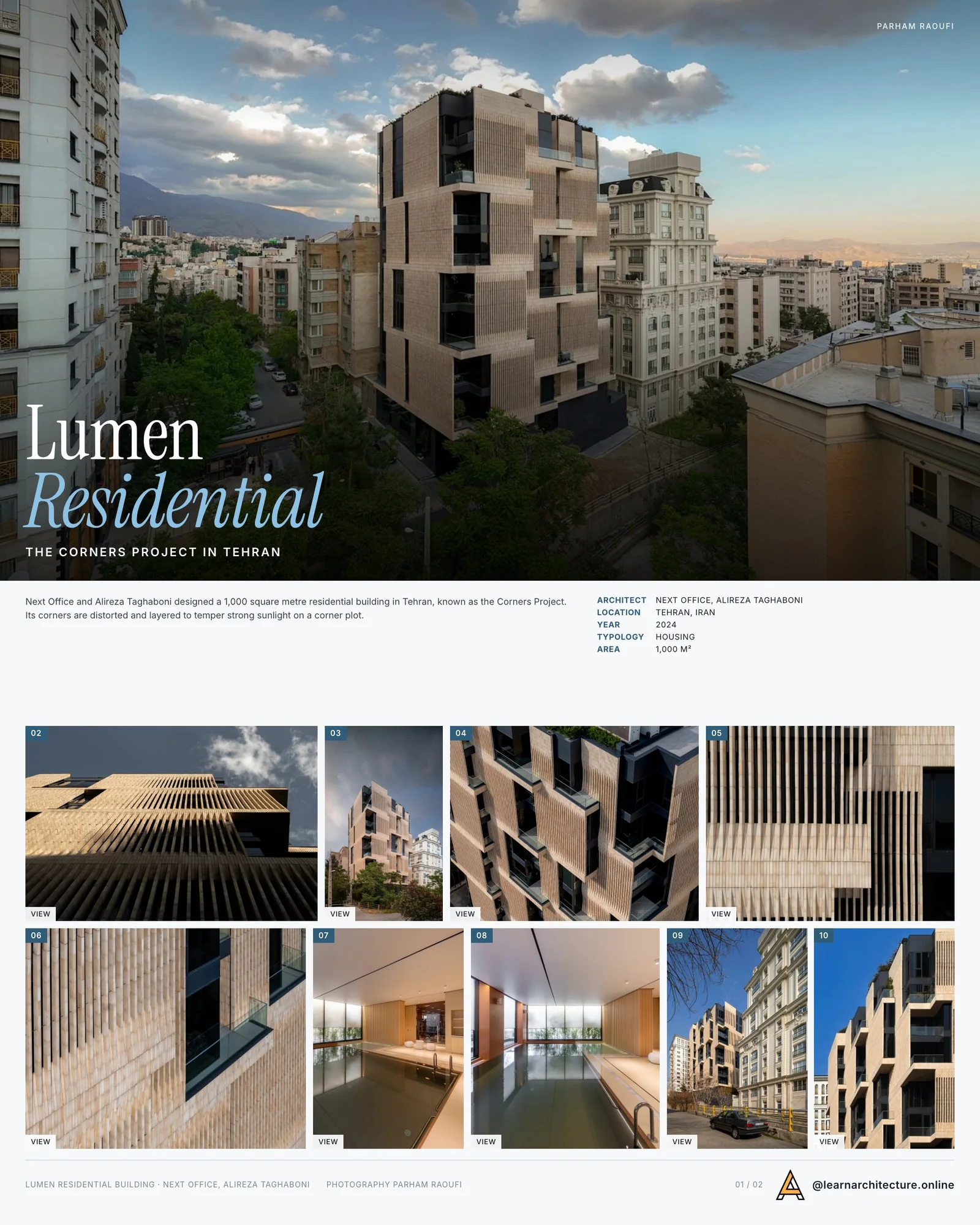 Presentation board cover for Lumen Residential Building by Next Office and Alireza Taghaboni, with the lead image, project summary and a grid of photographs and drawings