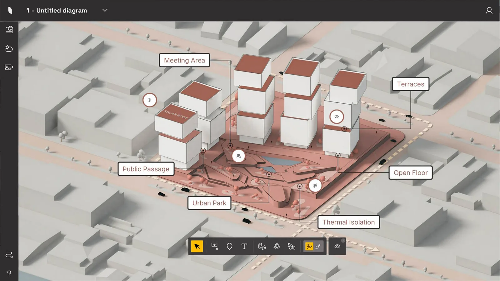 Pale isometric diagram of white buildings with red zones and labels such as meeting area and terraces