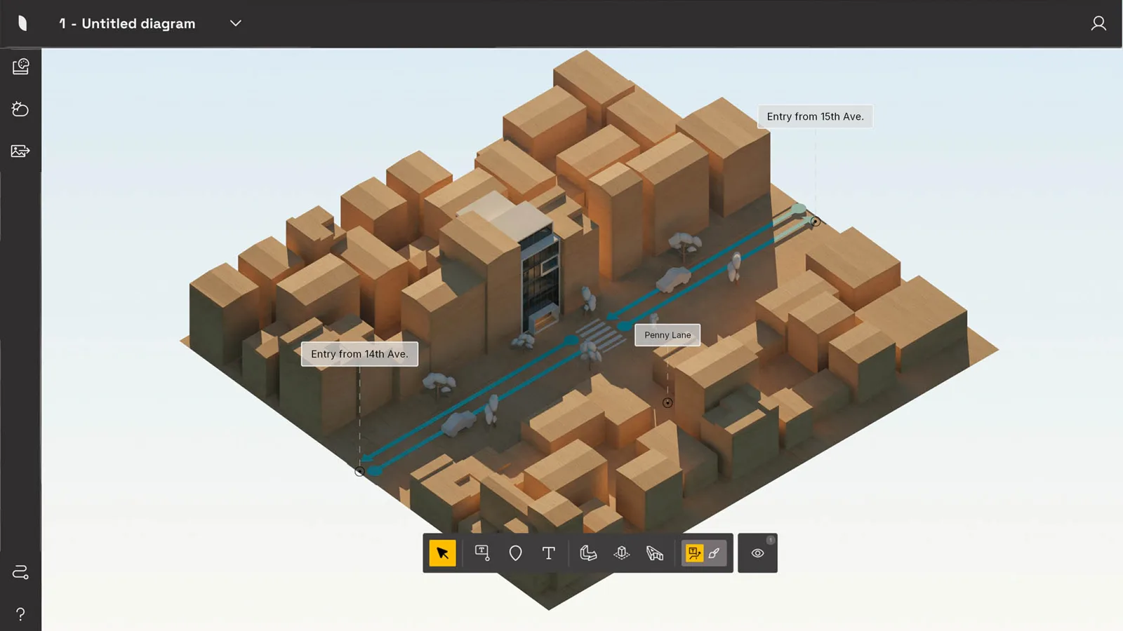 Isometric diagram of orange block buildings with roads and labels shown in the Axogram interface