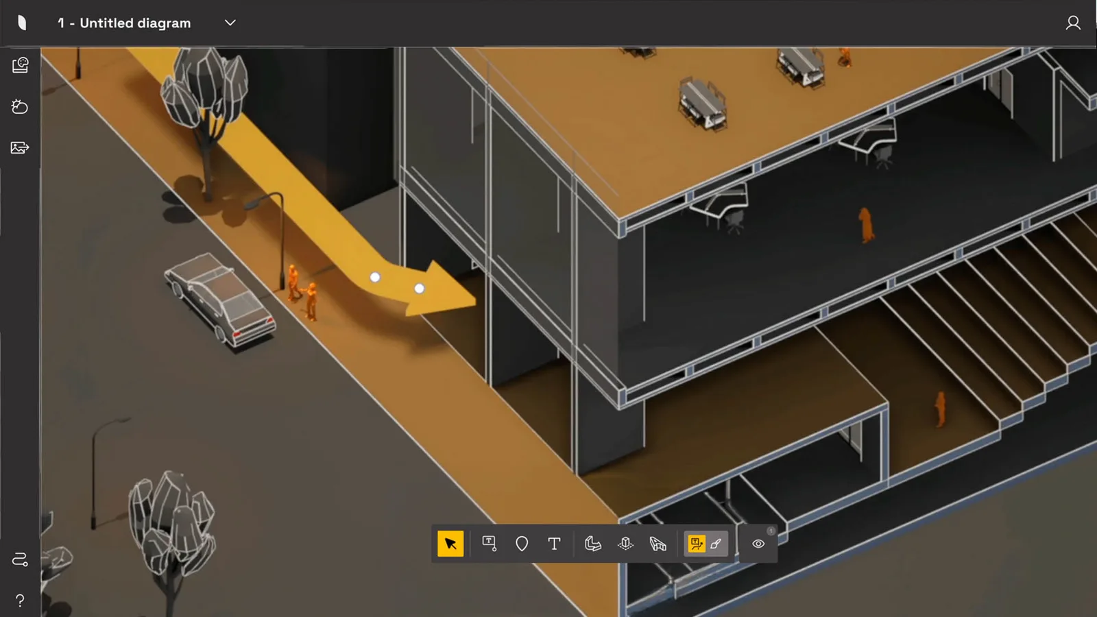 Cutaway isometric of a building with an orange arrow showing circulation through floors