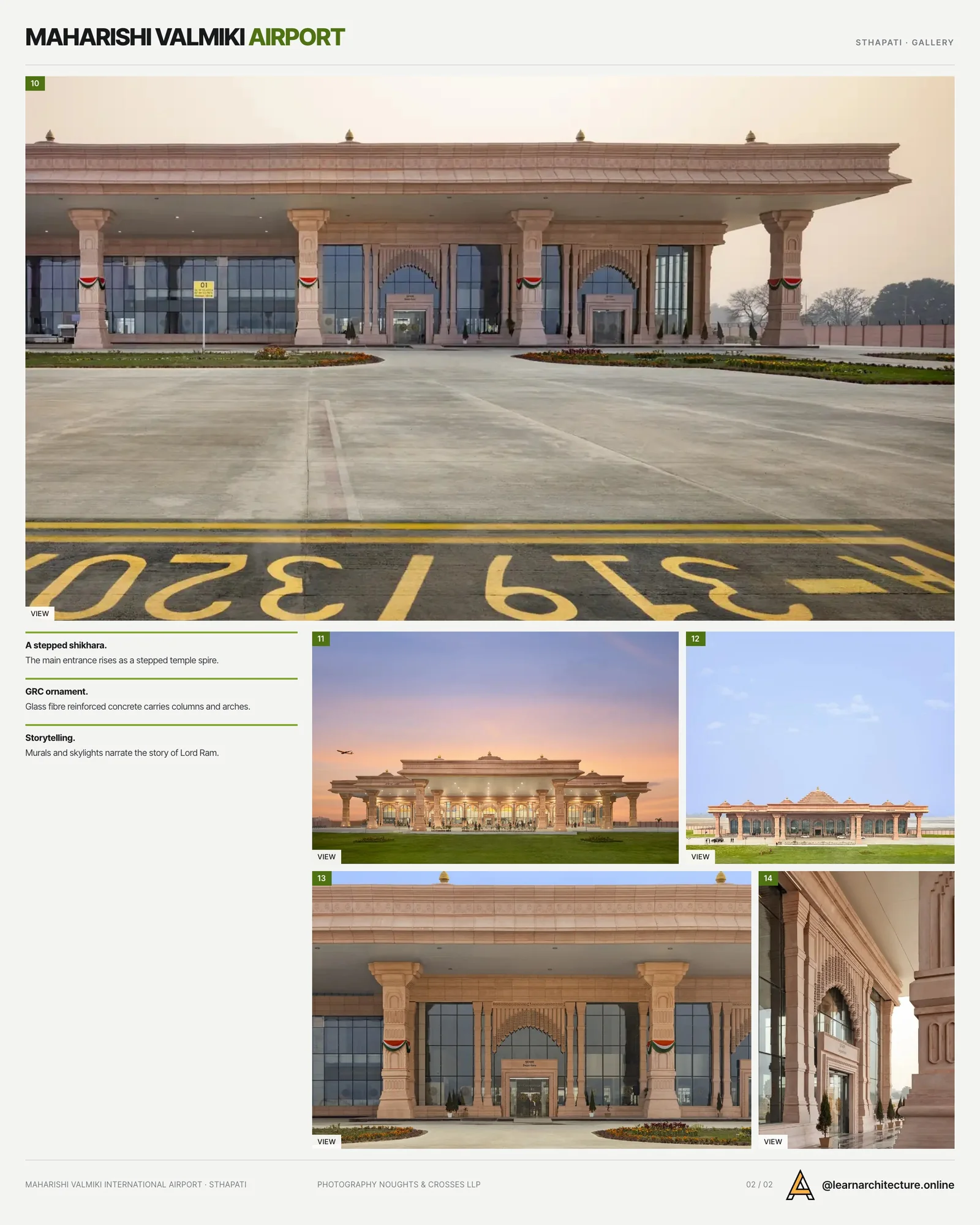 Second presentation board sheet for Maharishi Valmiki International Airport by STHAPATI, laying out the project drawings and images on one page