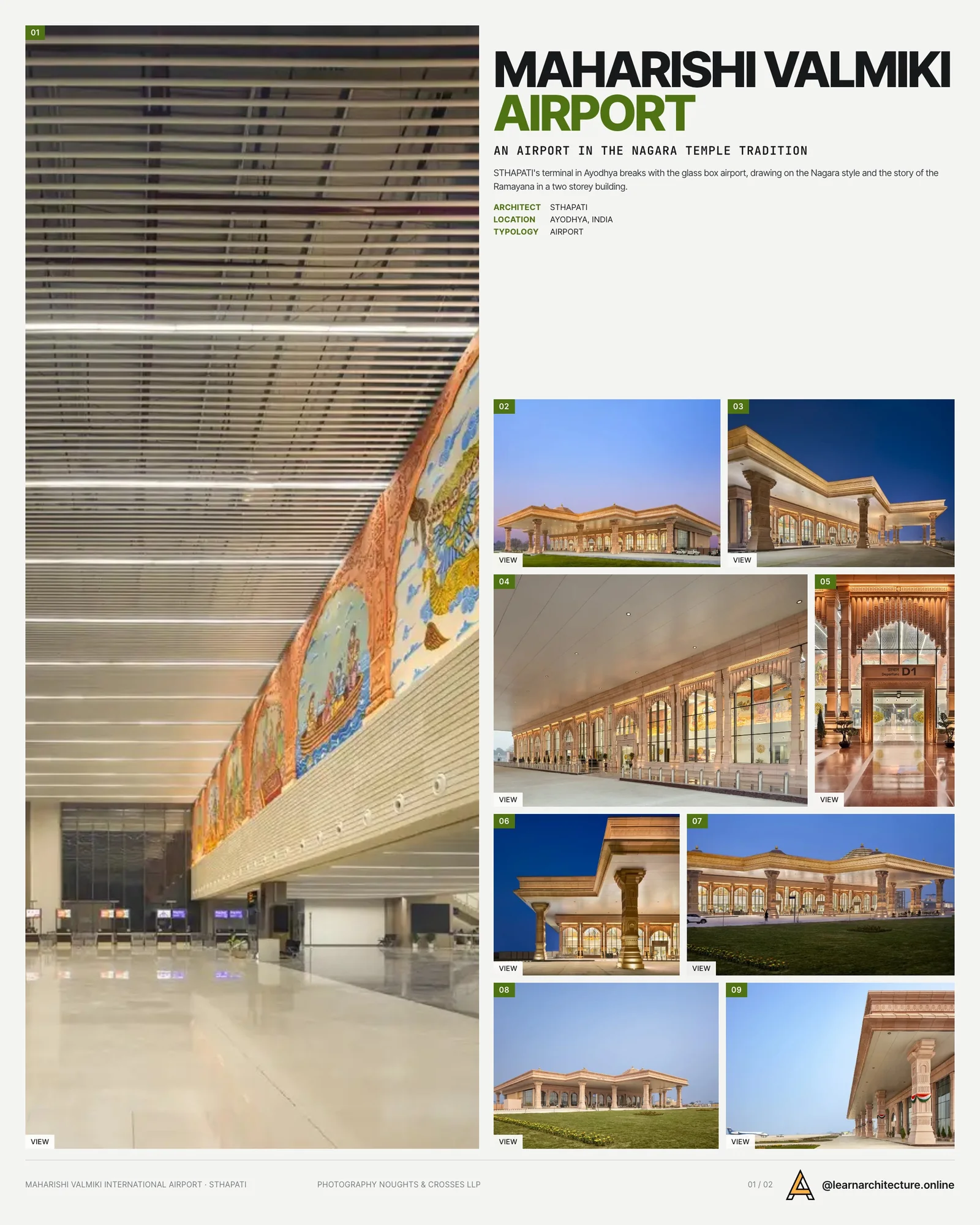 Presentation board cover for Maharishi Valmiki International Airport by STHAPATI, with the lead image, project summary and a grid of photographs and drawings