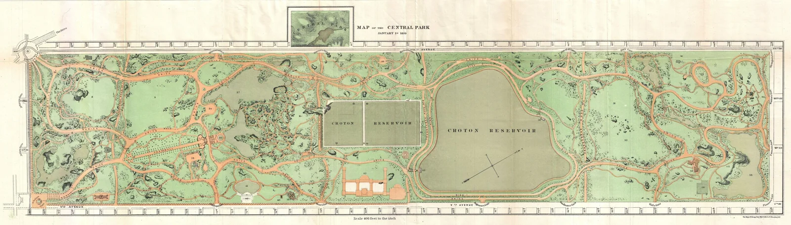 Olmsted and Vaux 1870 map of Central Park showing drives, walks, lakes and meadows woven into the Manhattan grid