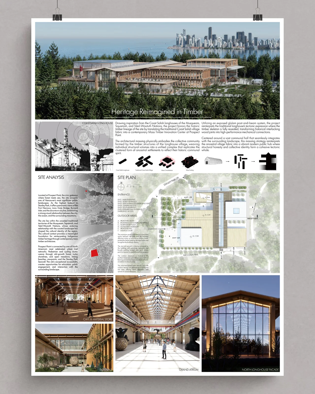 Heritage timber board with a site plan, axonometric diagram and an interior photo, from a student design competition