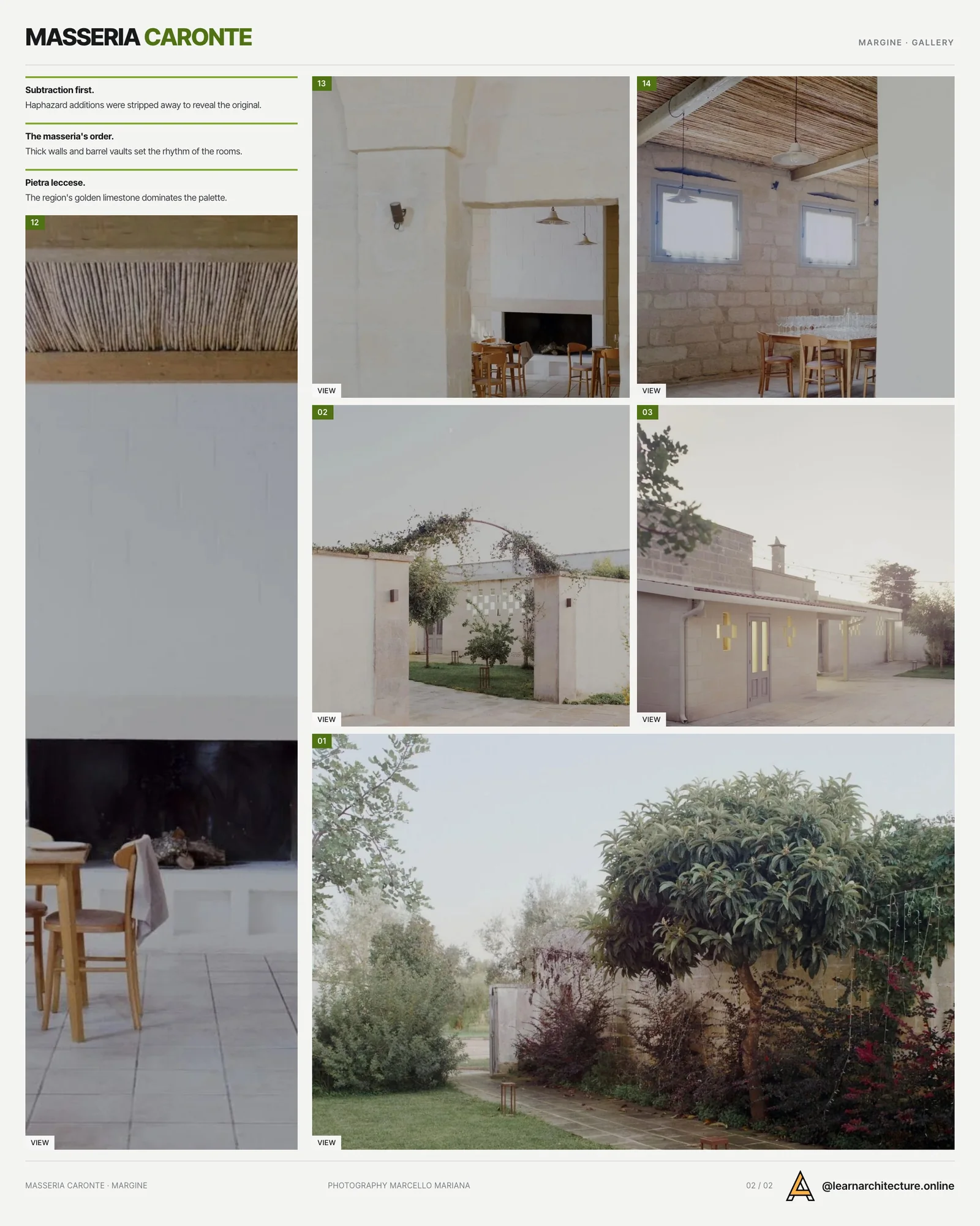 Second presentation board sheet for Masseria Caronte by Margine, laying out the project drawings and images on one page