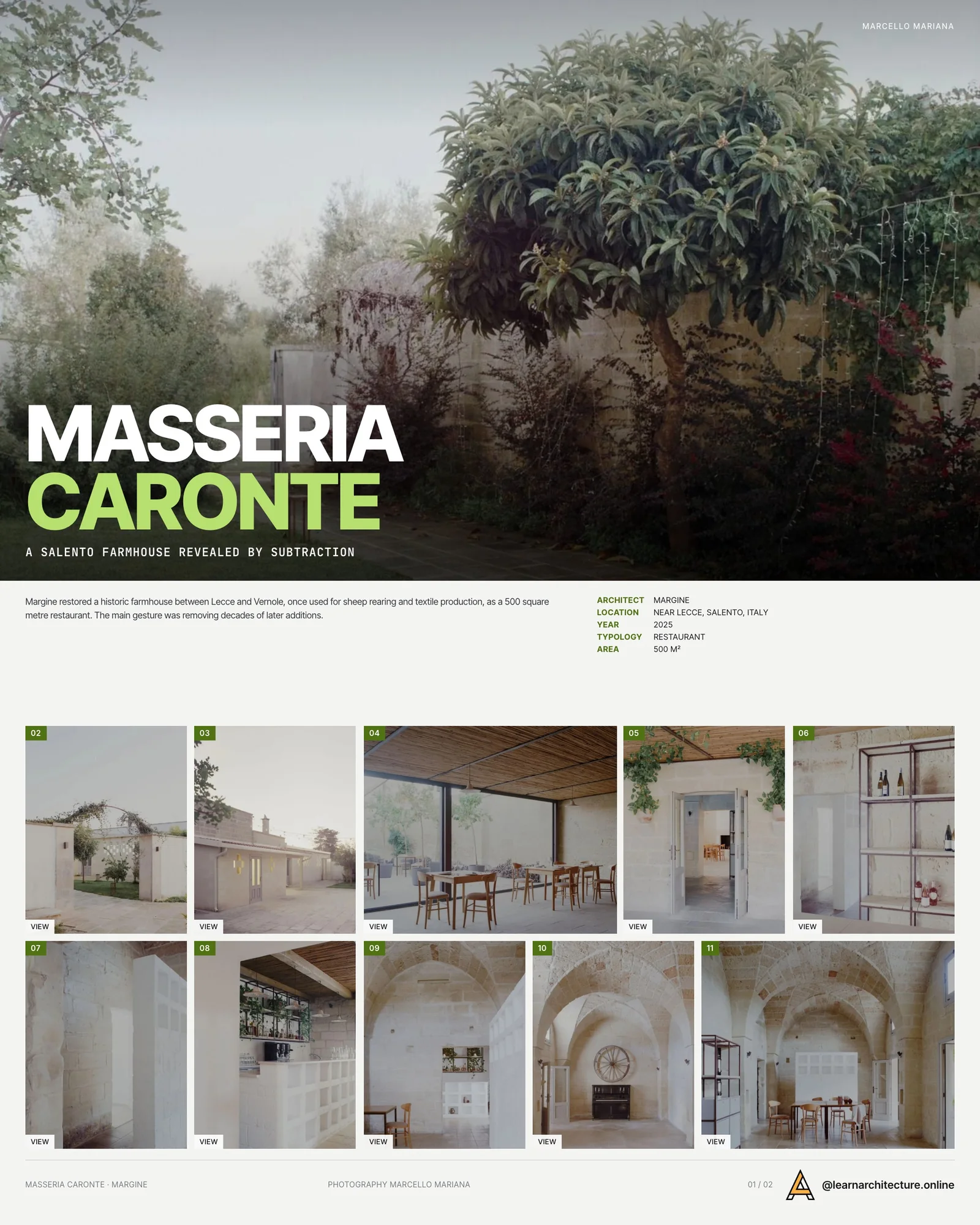 Presentation board cover for Masseria Caronte by Margine, with the lead image, project summary and a grid of photographs and drawings