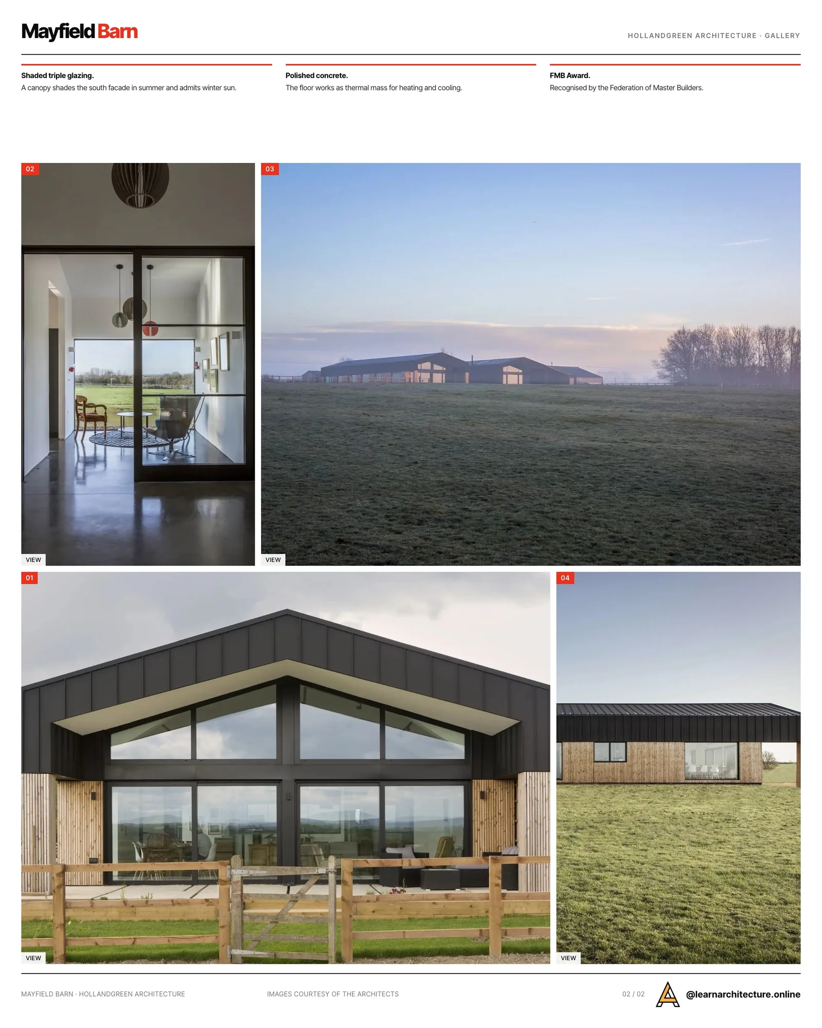 Second presentation board sheet for Mayfield Barn by HollandGreen Architecture, laying out the project drawings and images on one page