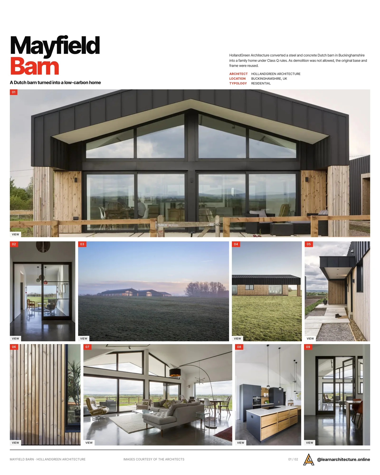 Presentation board cover for Mayfield Barn by HollandGreen Architecture, with the lead image, project summary and a grid of photographs and drawings