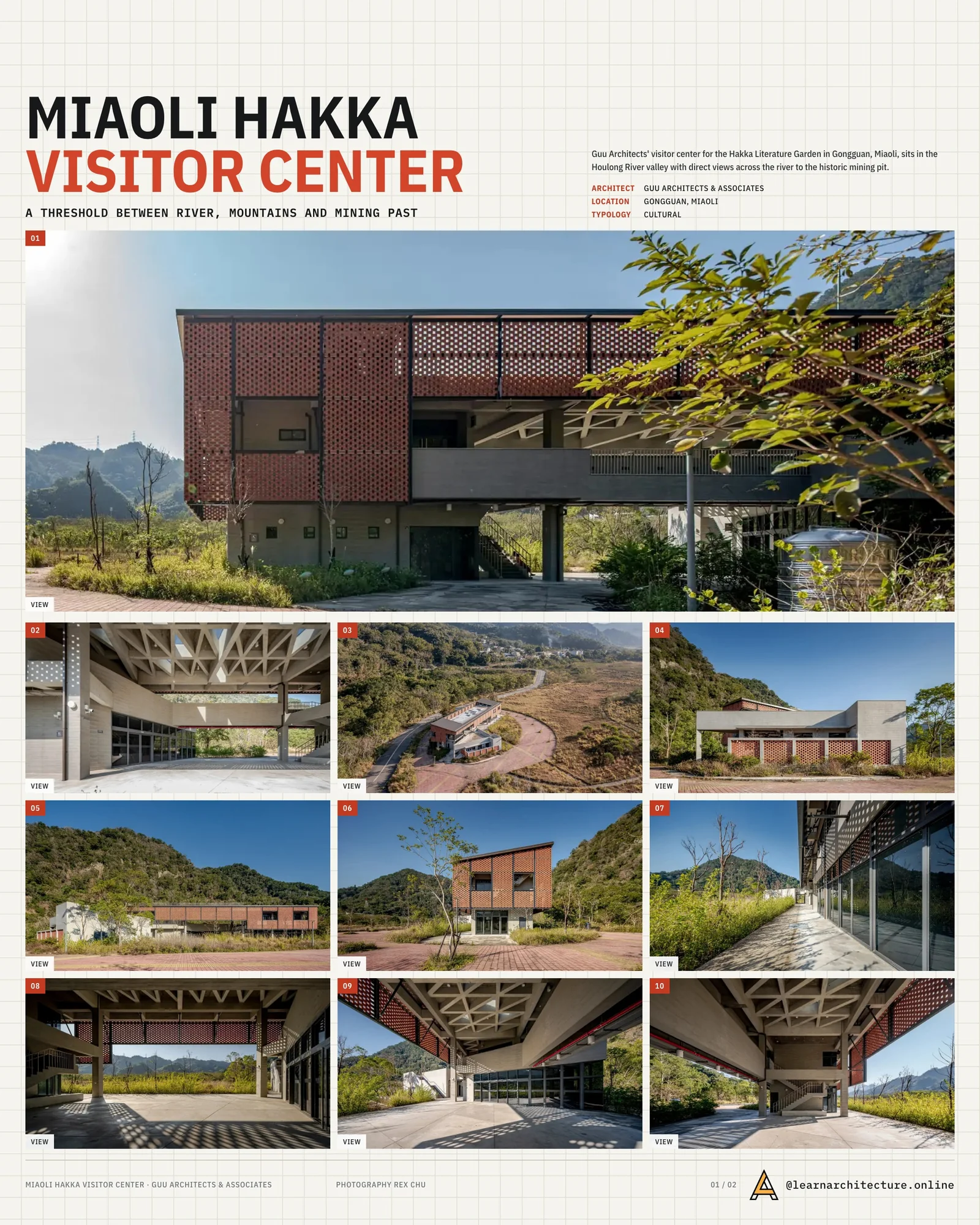 Presentation board cover for Miaoli Hakka Literature Garden Visitor Center by Guu Architects & Associates, with the lead image, project summary and a grid of photographs and drawings