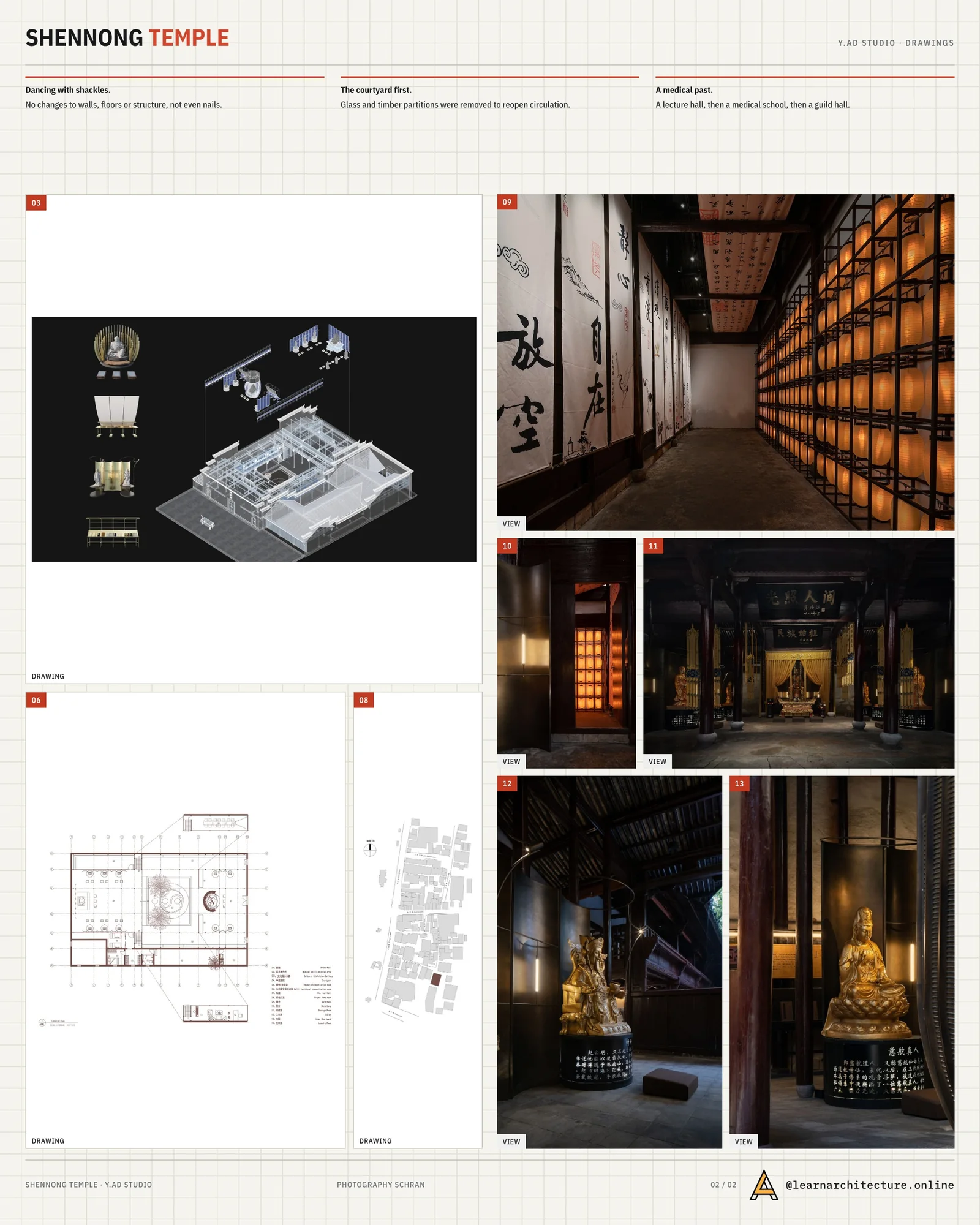 Second presentation board sheet for Micro-renovation of Shennong Temple in Quzhou, laying out the project drawings and images on one page