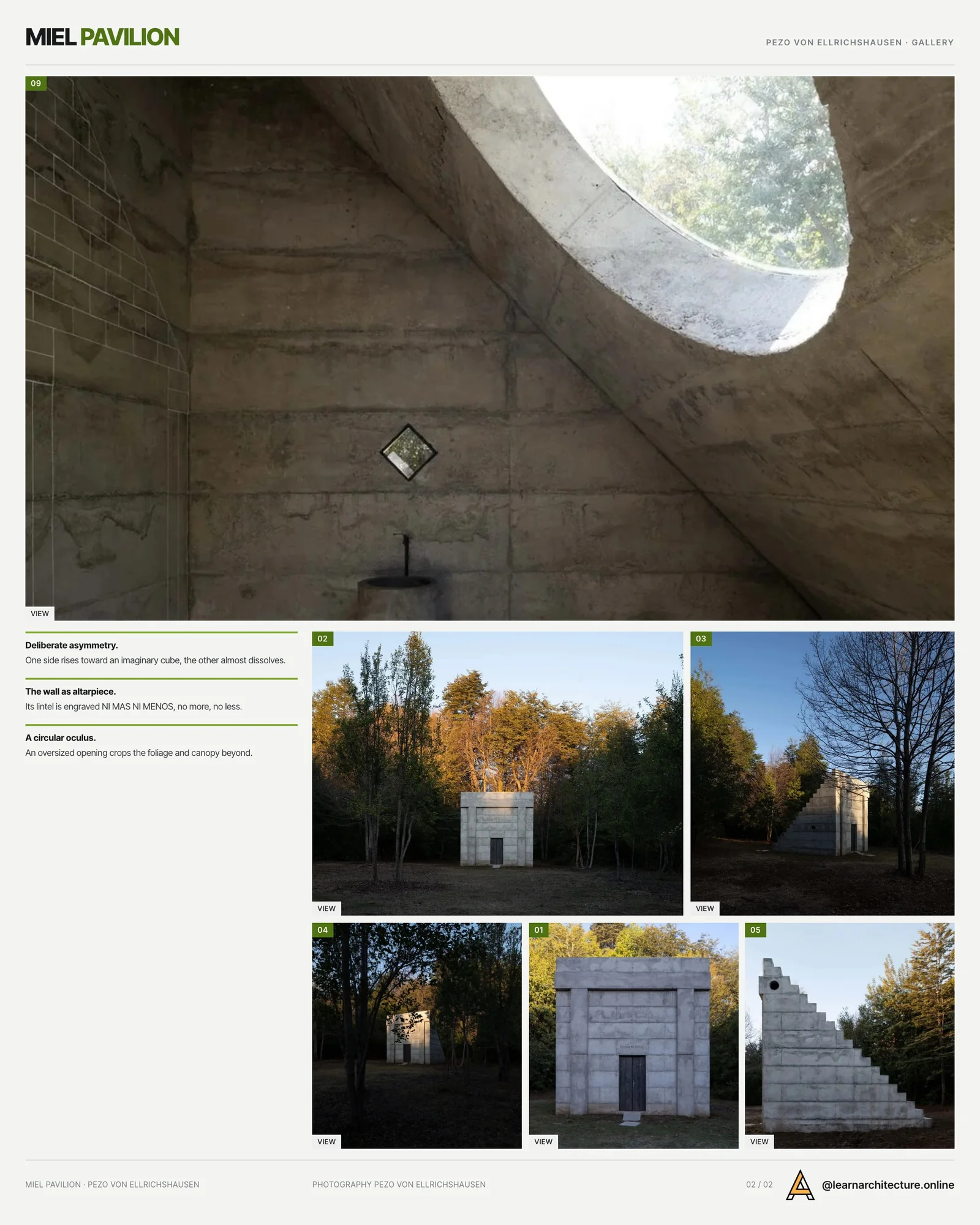 Second presentation board sheet for MIEL Pavilion by Pezo von Ellrichshausen, laying out the project drawings and images on one page
