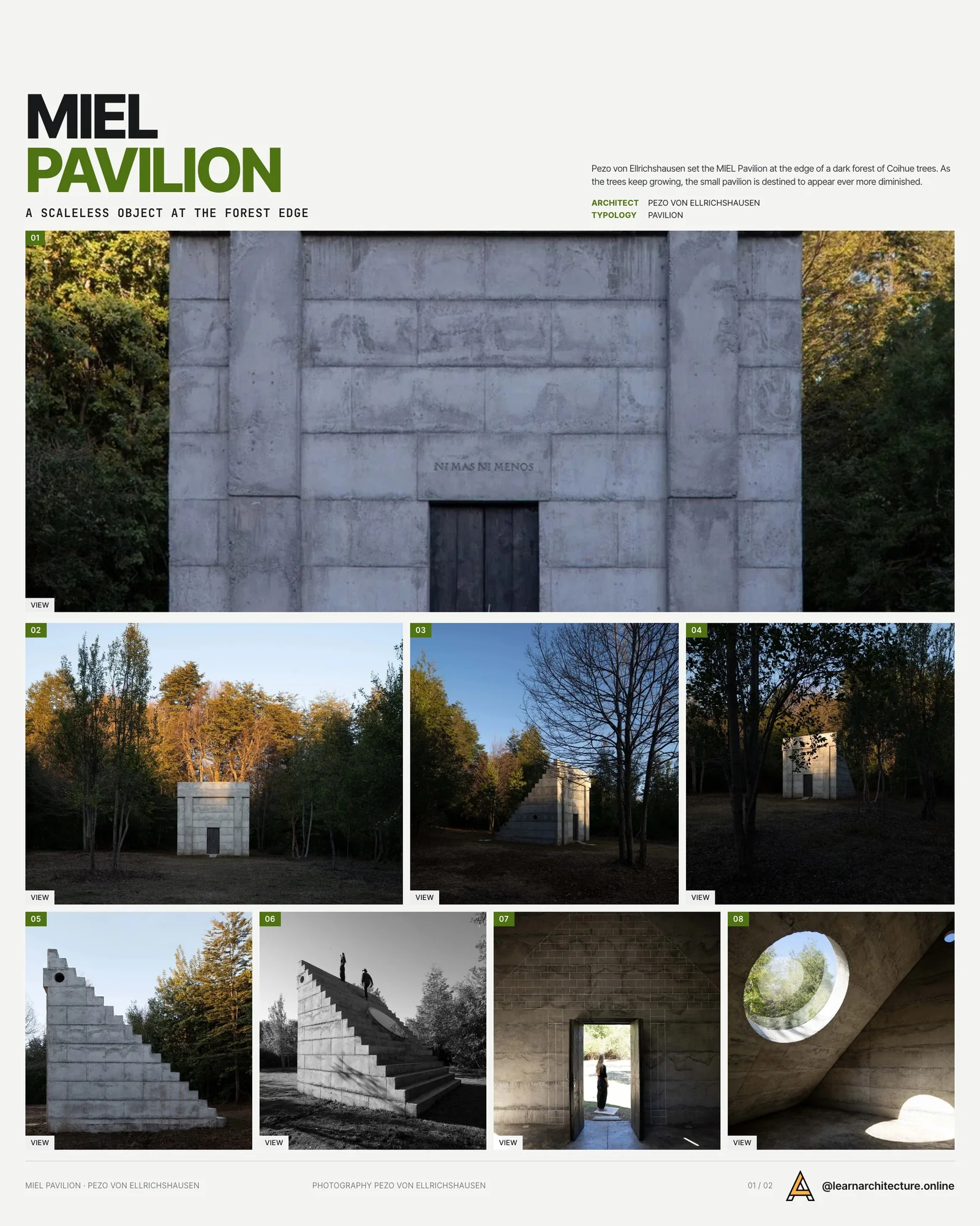 Presentation board cover for MIEL Pavilion by Pezo von Ellrichshausen, with the lead image, project summary and a grid of photographs and drawings
