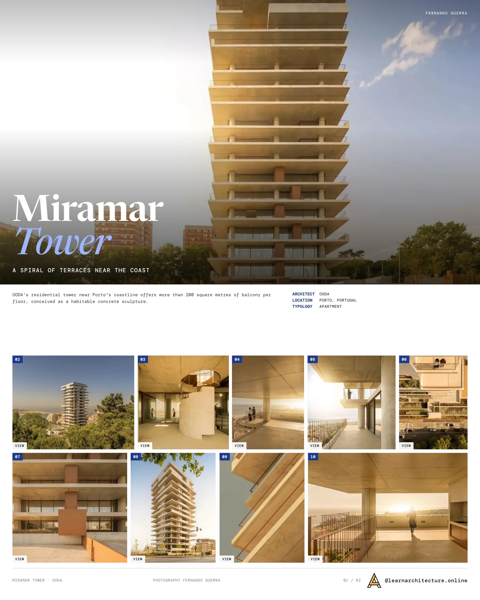 Presentation board cover for Miramar Tower by OODA, with the lead image, project summary and a grid of photographs and drawings