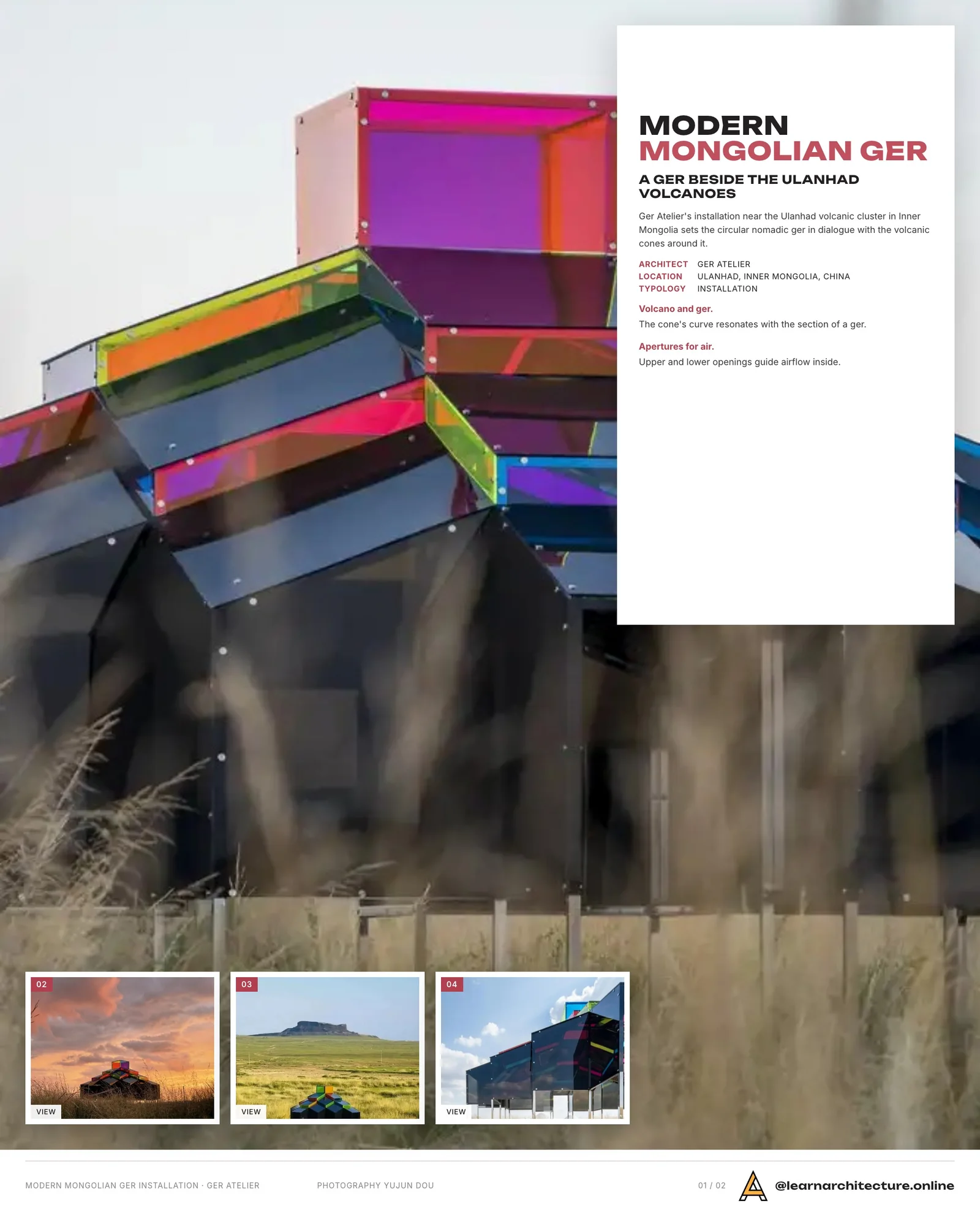 Presentation board cover for Modern Mongolian Ger Installation by Ger Atelier, with the lead image, project summary and a grid of photographs and drawings