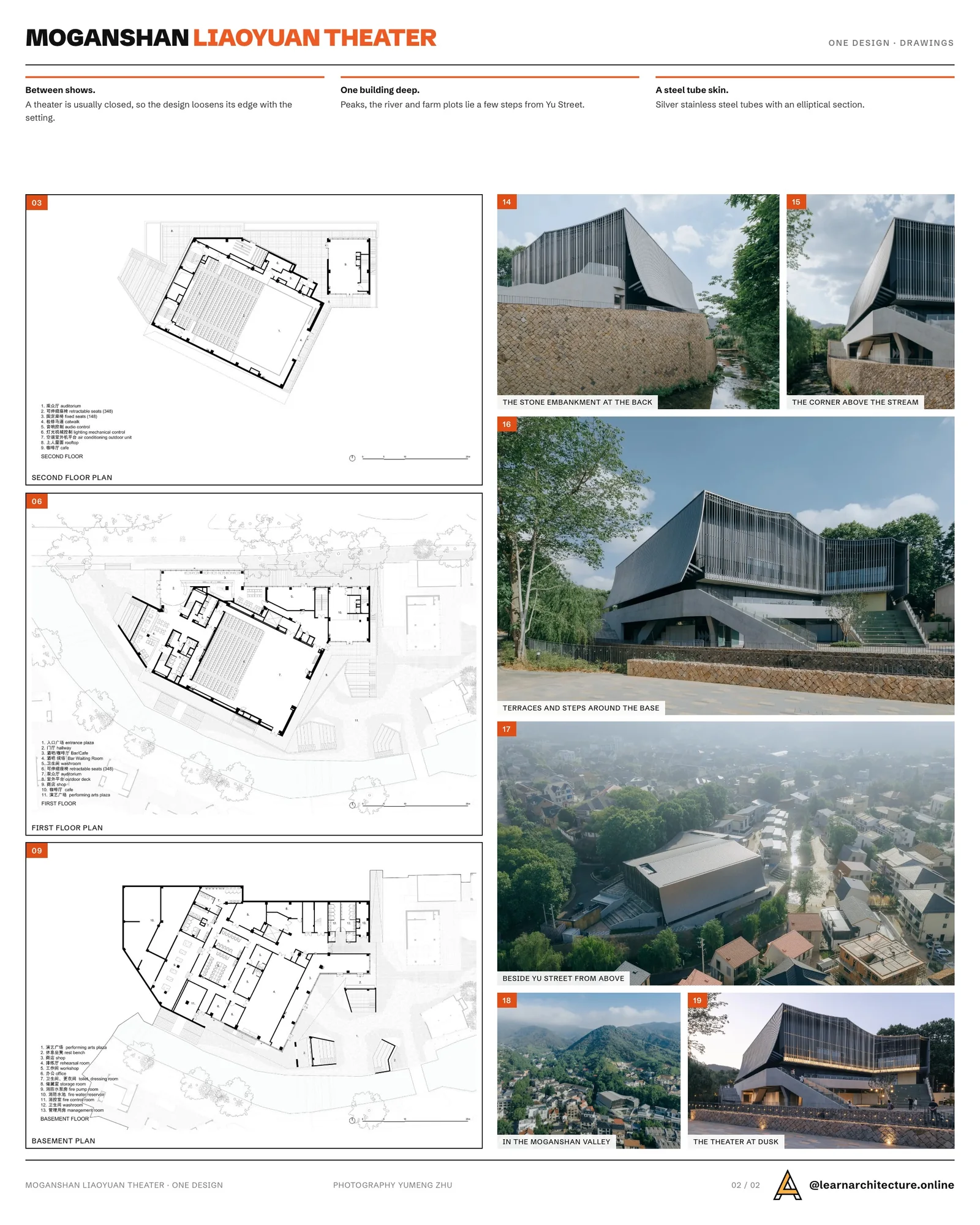 Second presentation board sheet for Moganshan Liaoyuan Theater by One Design, laying out the project drawings and images on one page