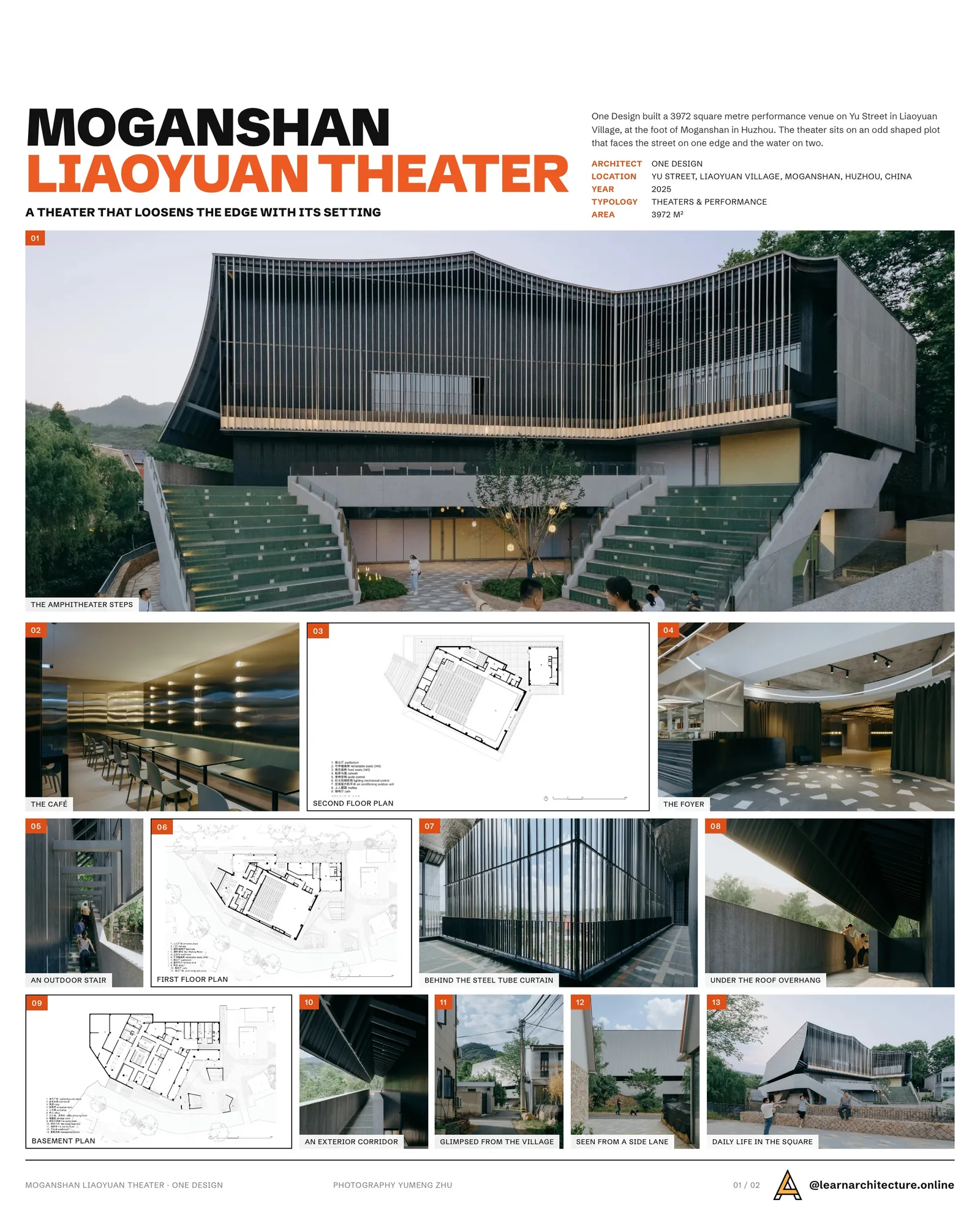 Presentation board cover for Moganshan Liaoyuan Theater by One Design, with the lead image, project summary and a grid of photographs and drawings