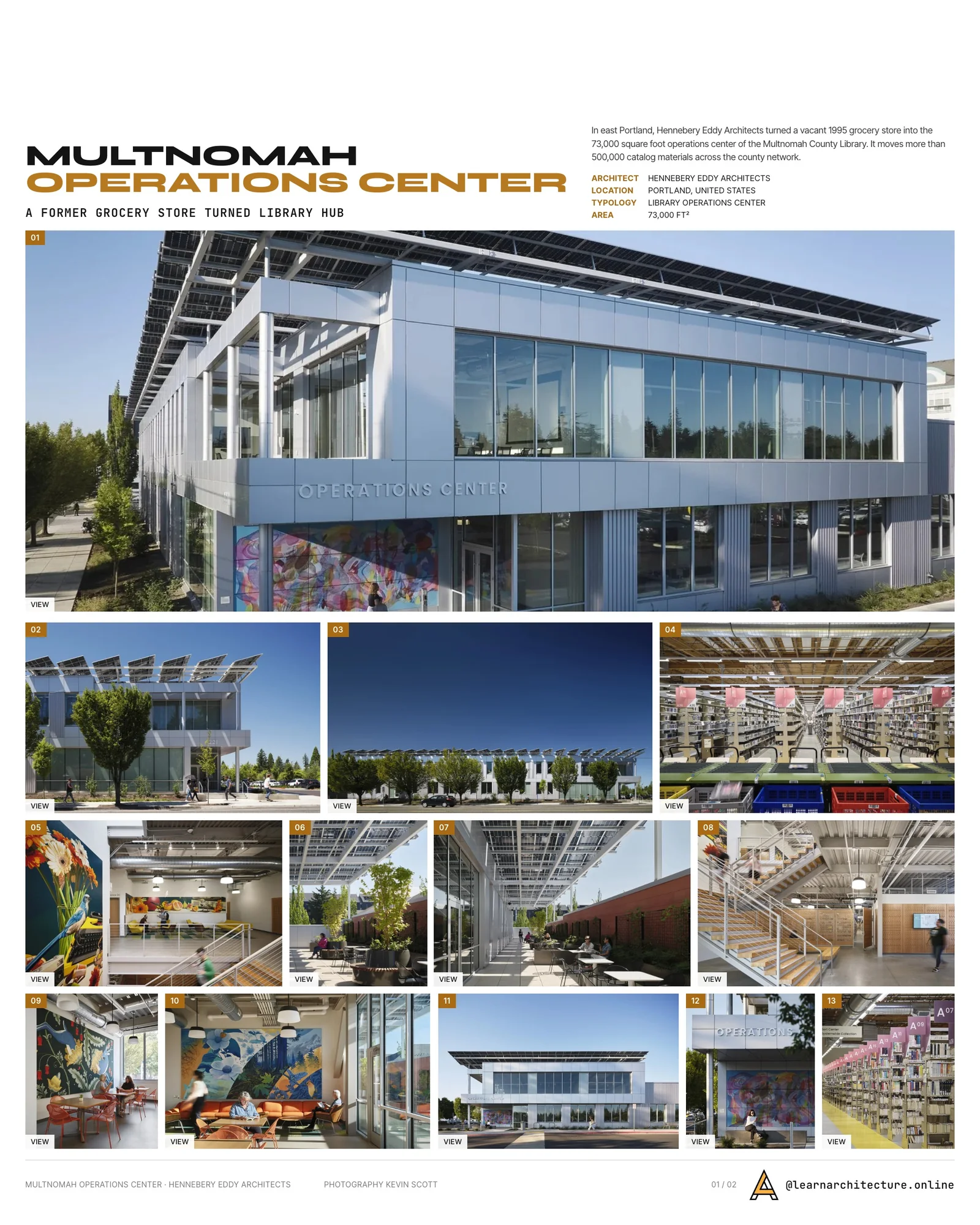 Presentation board cover for Multnomah County Library Operations Center by Hennebery Eddy Architects, with the lead image, project summary and a grid of photographs and drawings