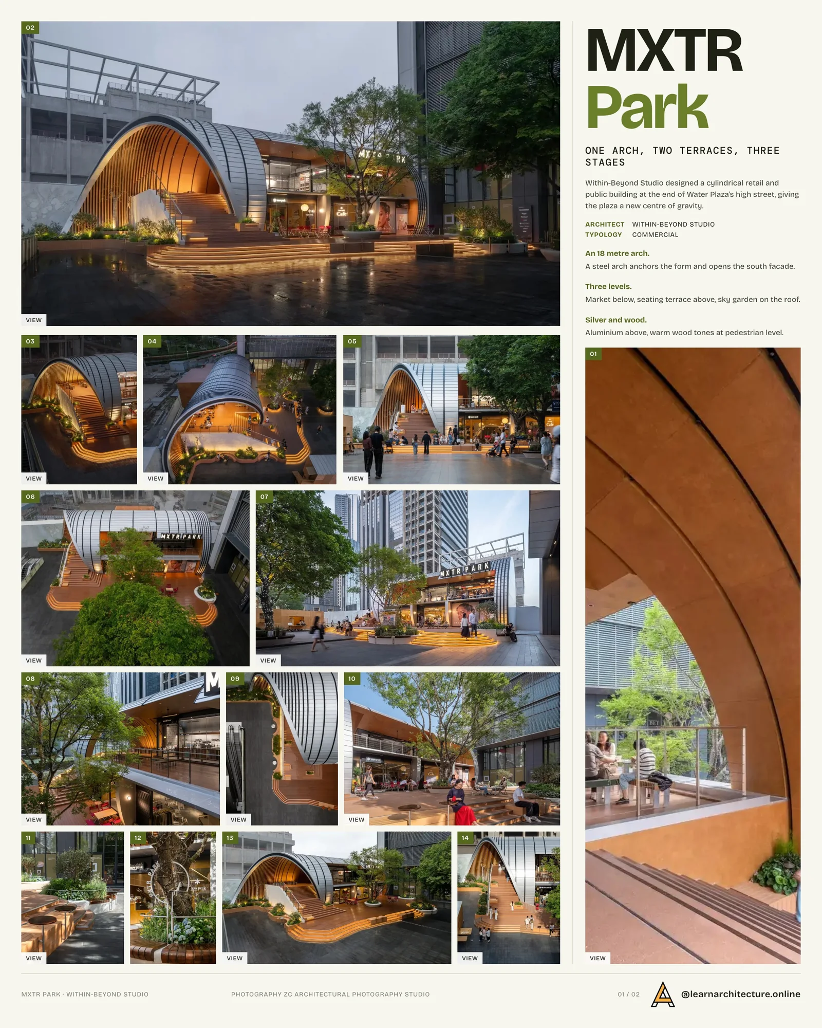 Presentation board cover for MXTR Park by Within-Beyond Studio, with the lead image, project summary and a grid of photographs and drawings