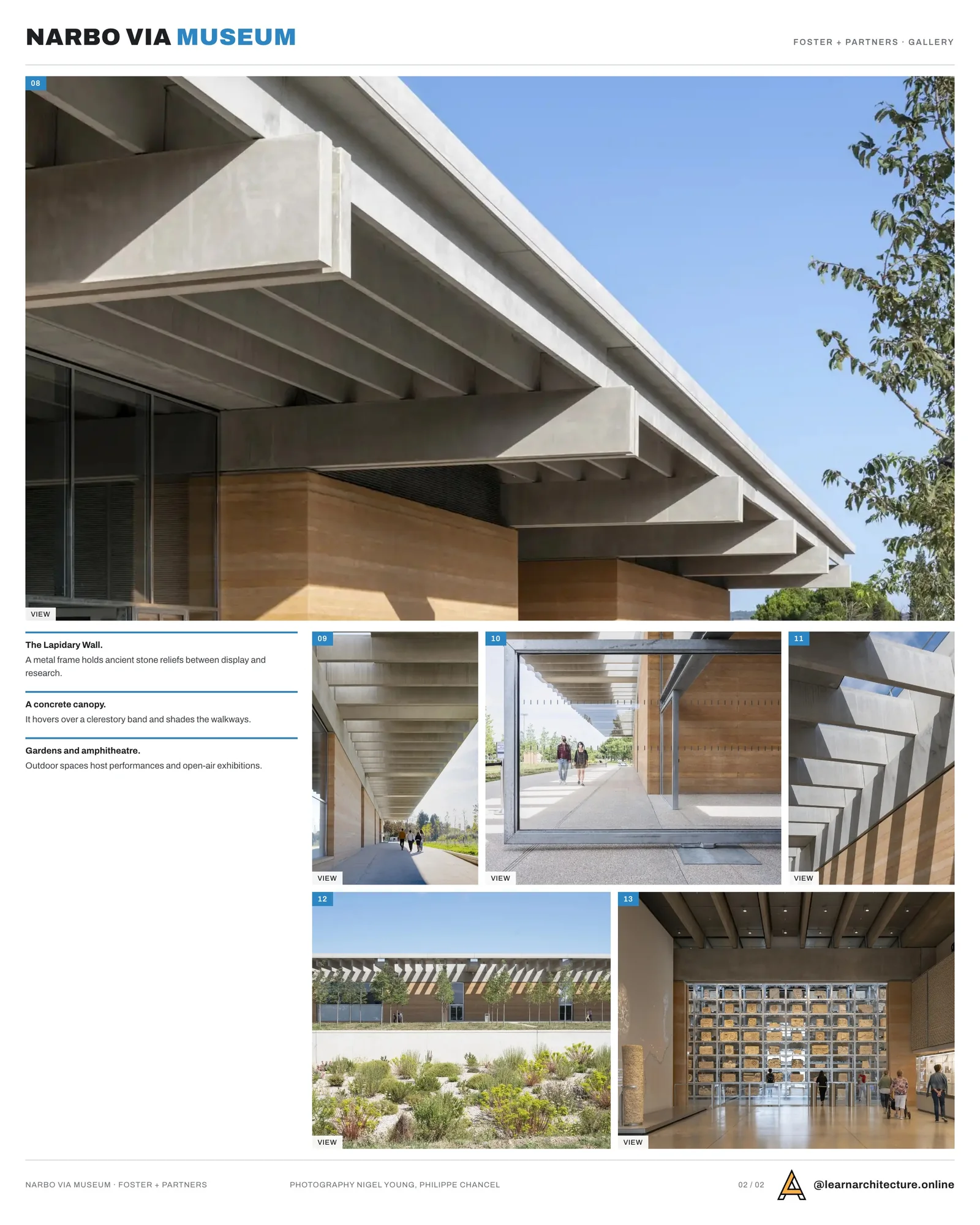 Second presentation board sheet for Narbo Via Museum by Foster + Partners, laying out the project drawings and images on one page