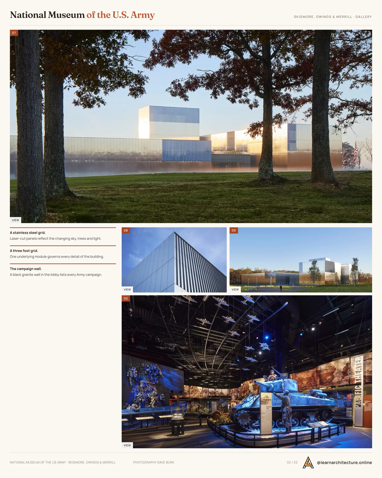 Second presentation board sheet for National Museum of the United States Army by Skidmore, Owings & Merrill, laying out the project drawings and images on one page
