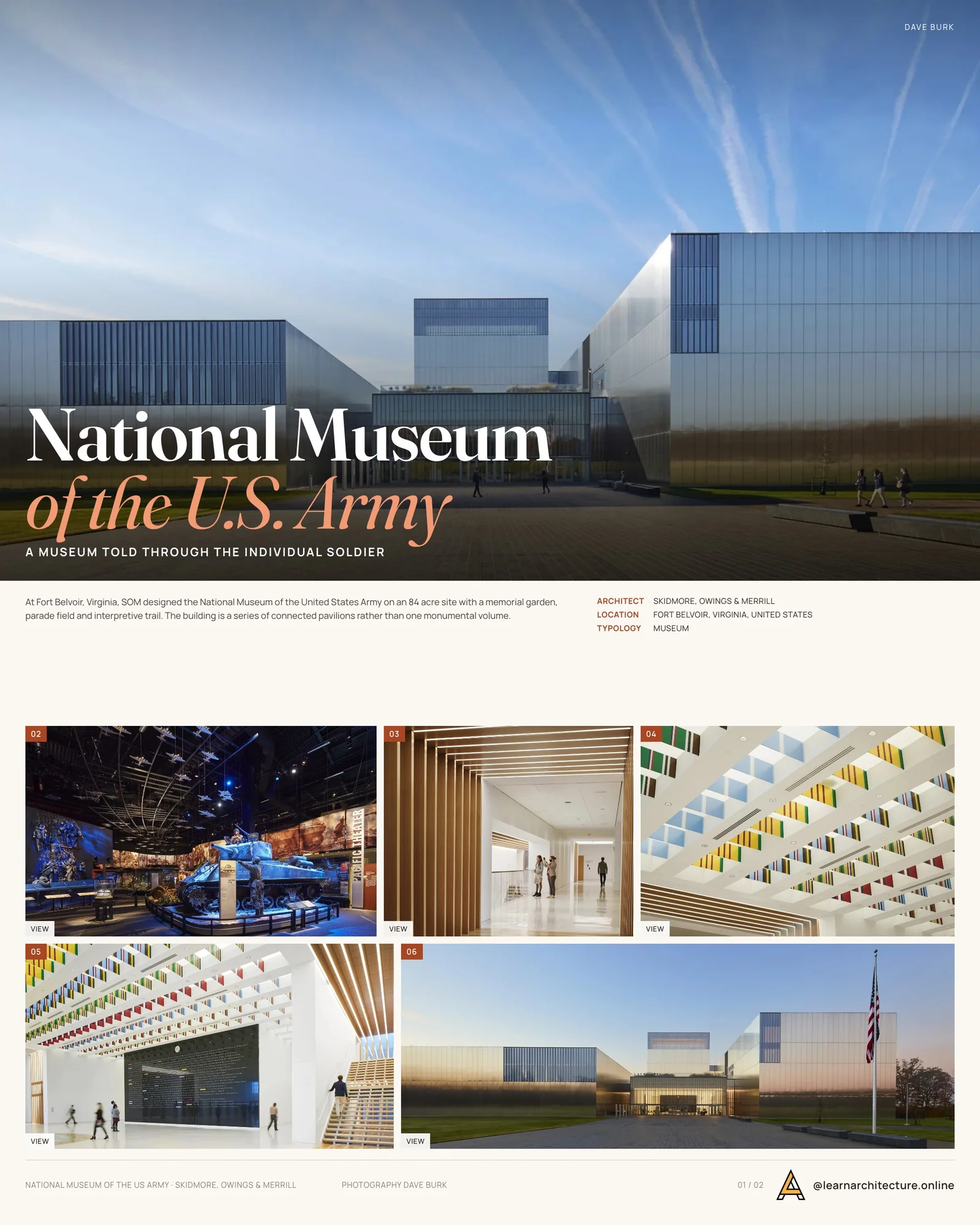 Presentation board cover for National Museum of the United States Army by Skidmore, Owings & Merrill, with the lead image, project summary and a grid of photographs and drawings